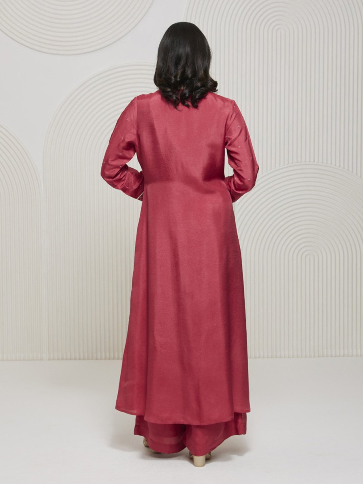 Artagai Tea Berry Romancing Aari Crop Top and Wide Leg Trousers with Midi-Jacket