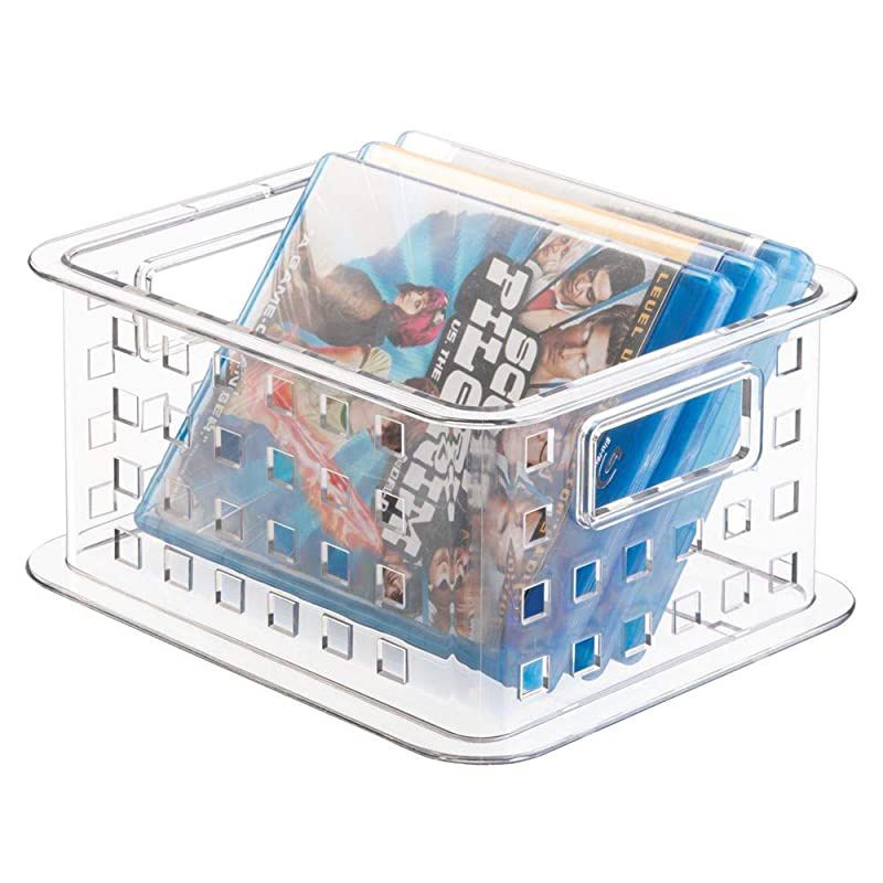 Plastic Stackable Household Storage Organizer Container Bin with Handles for Media Consoles Closets Cabinets Holds DVDs Blu Ray Video Games Gaming Accessories 6 Pack Clear