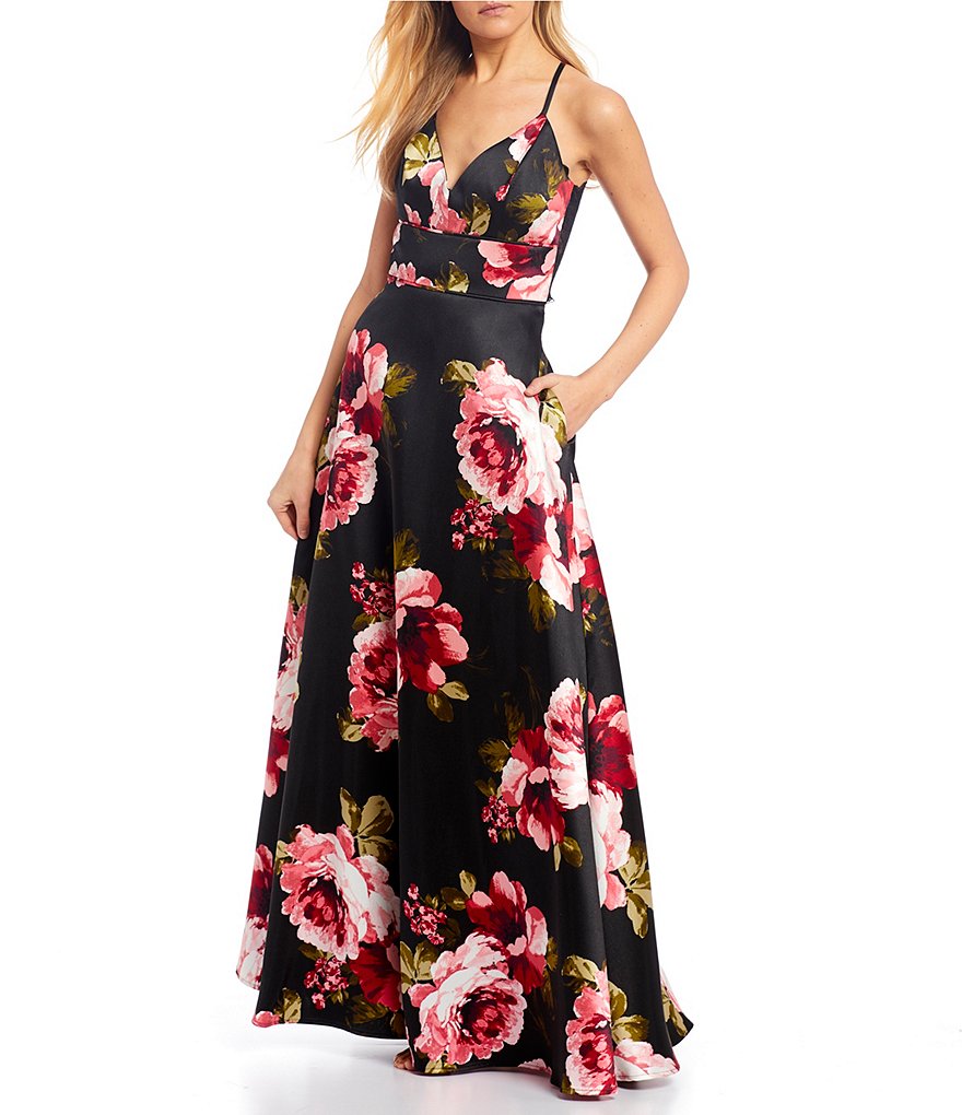 Sequin Hearts Satin Spaghetti Strap Lace-Bra-Back Floral Ball Gown