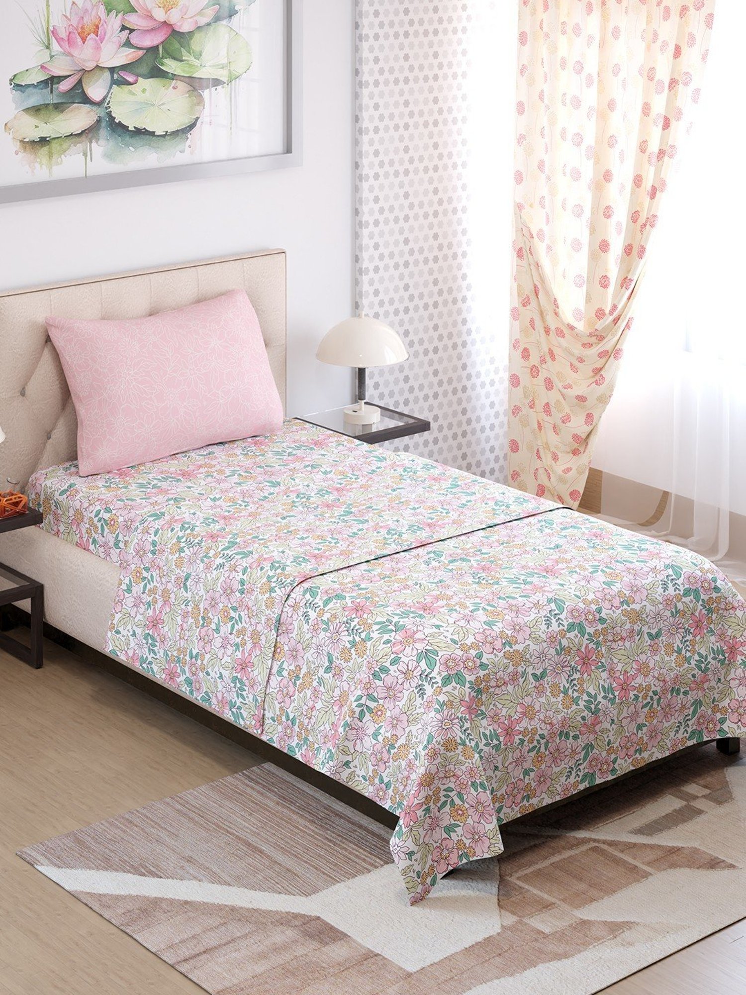 Layers Ivy Floral Pink Bouquet 125 GSM Microfibre Single Bed Sheet with 1 Pillow Cover