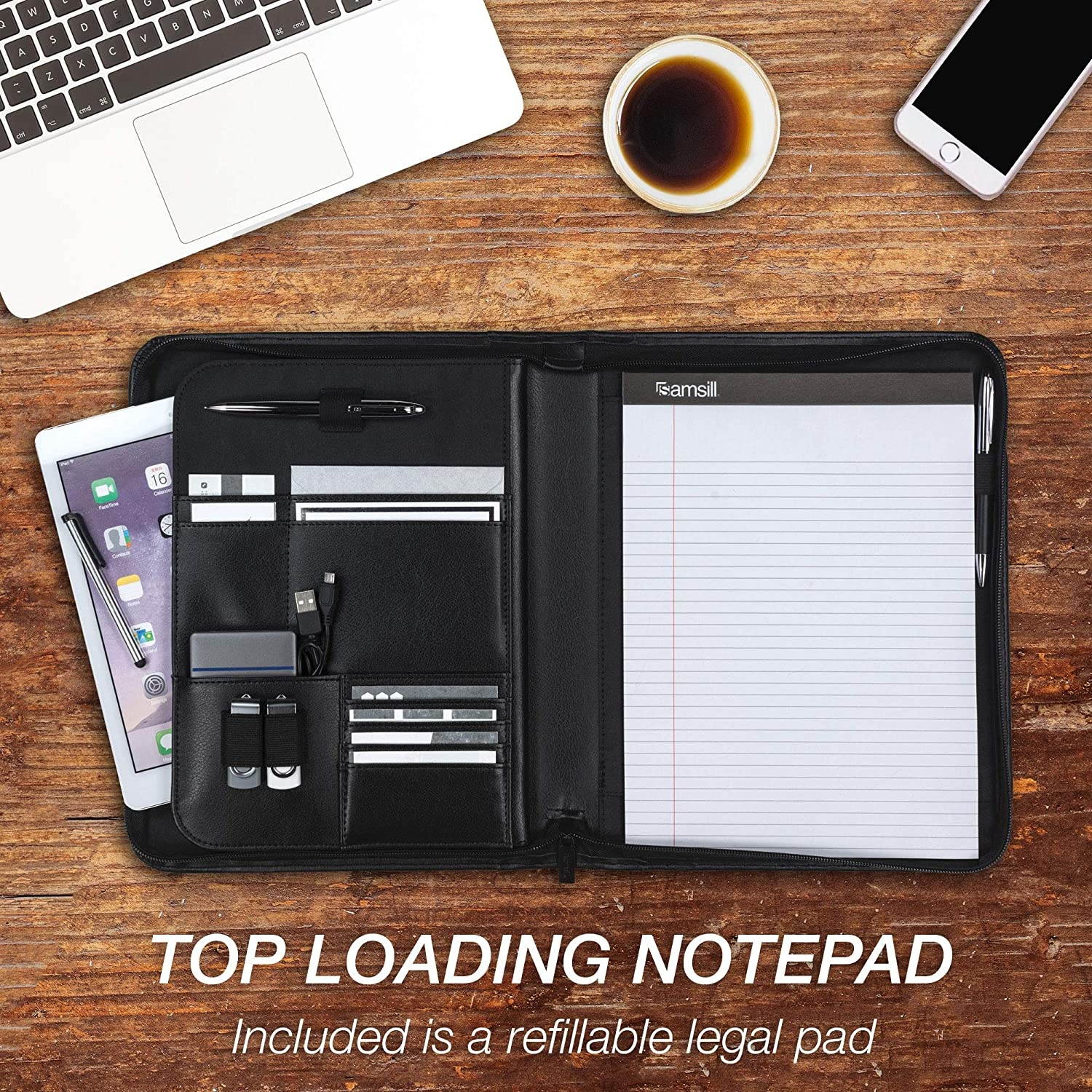 Samsill Executive Padfolio with Spine Accent - Resume Portfolio/Business Portfolio with Secure Zippered Closure, 10.1-inch Tablet Sleeve, Expandable Document Organizer & Writing Pad, Black