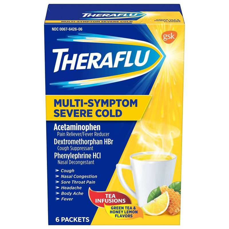 Theraflu Multi-Symptom Severe Cold Relief Powder - Acetaminophen - Green Tea & Honey Lemon - 6ct