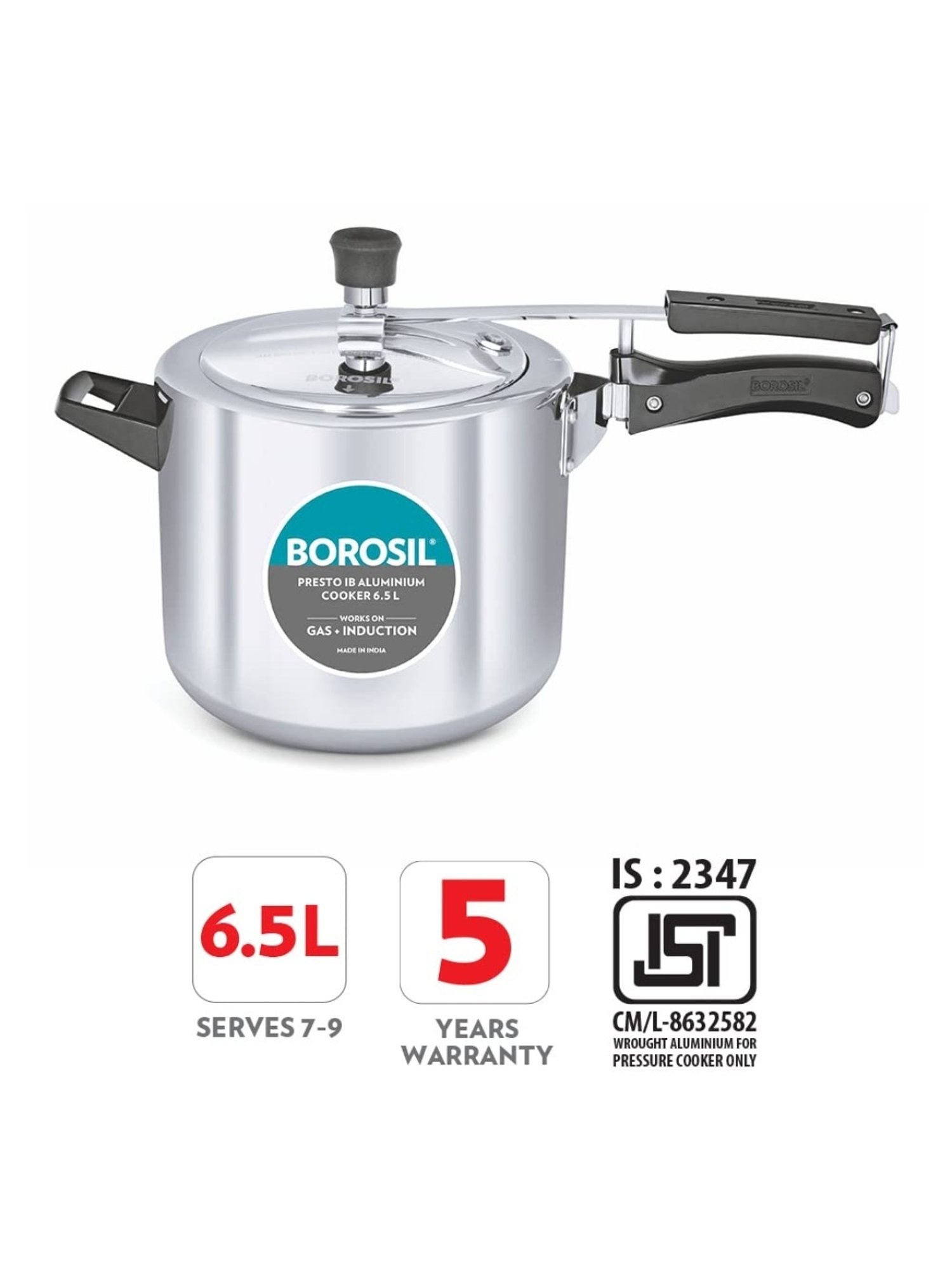 Borosil Silver Aluminium Pressure Cooker (6.5 L)