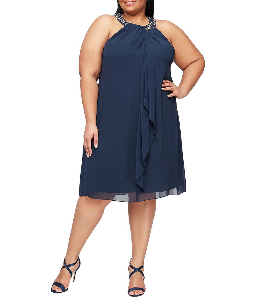 Ignite Evenings Plus Size Halter Neck Sleeveless Braid Bead Neck Chiffon Dress
