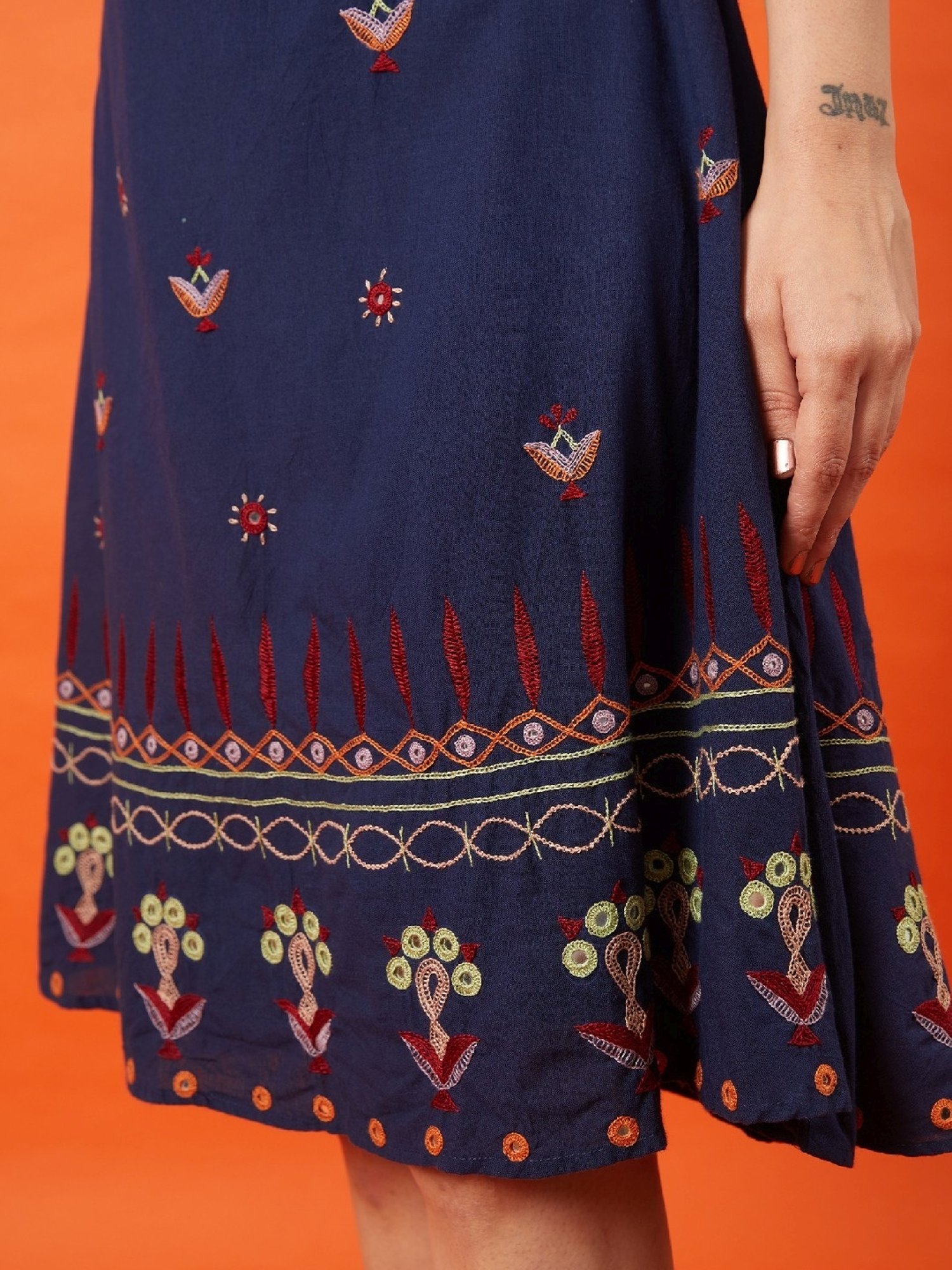Okhai Sultana Navy Pure Cotton Kutch Hand Embroidered Skirt