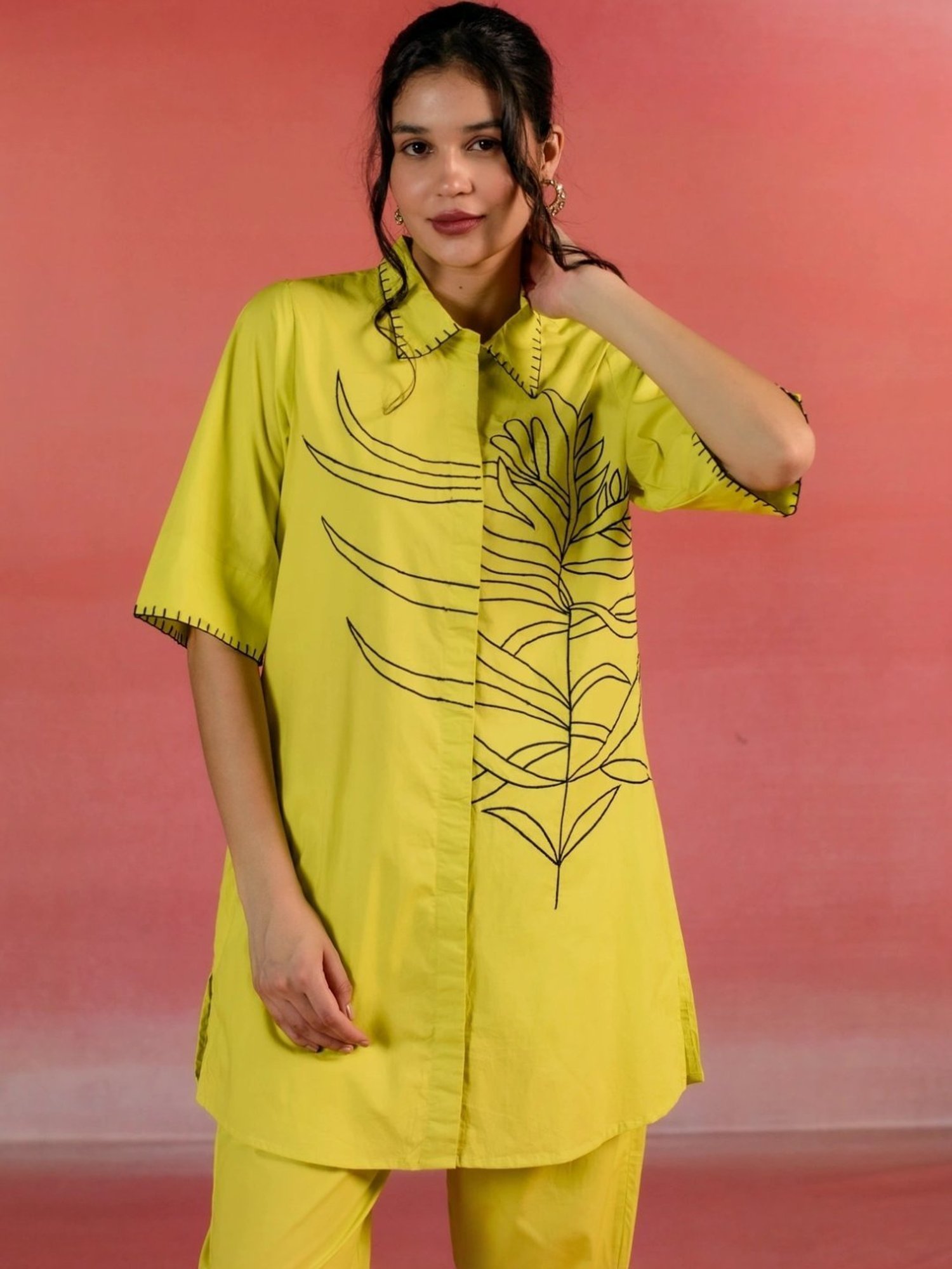 Kameez by Pooja Lemon Yellow Embroidered Poplin Shirt with Pant Co-ord Set