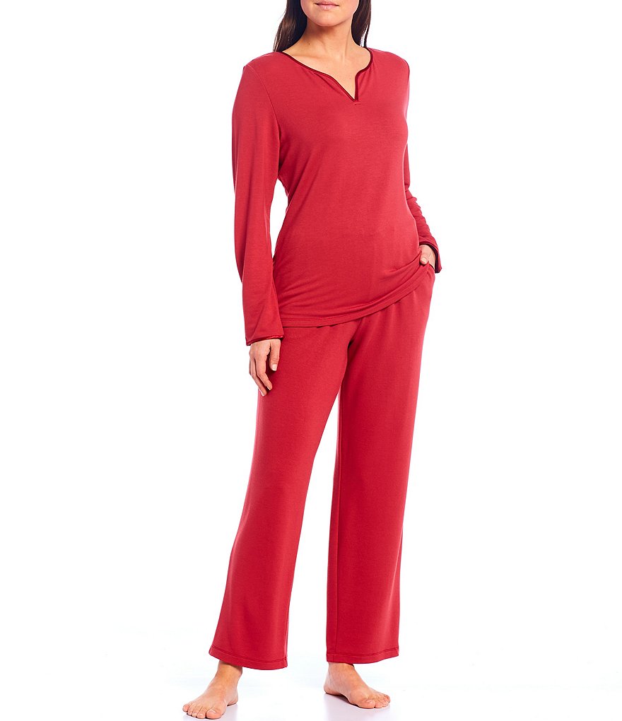 Cabernet Solid French Terry Notch V-Neck Long Sleeve Sleep Top