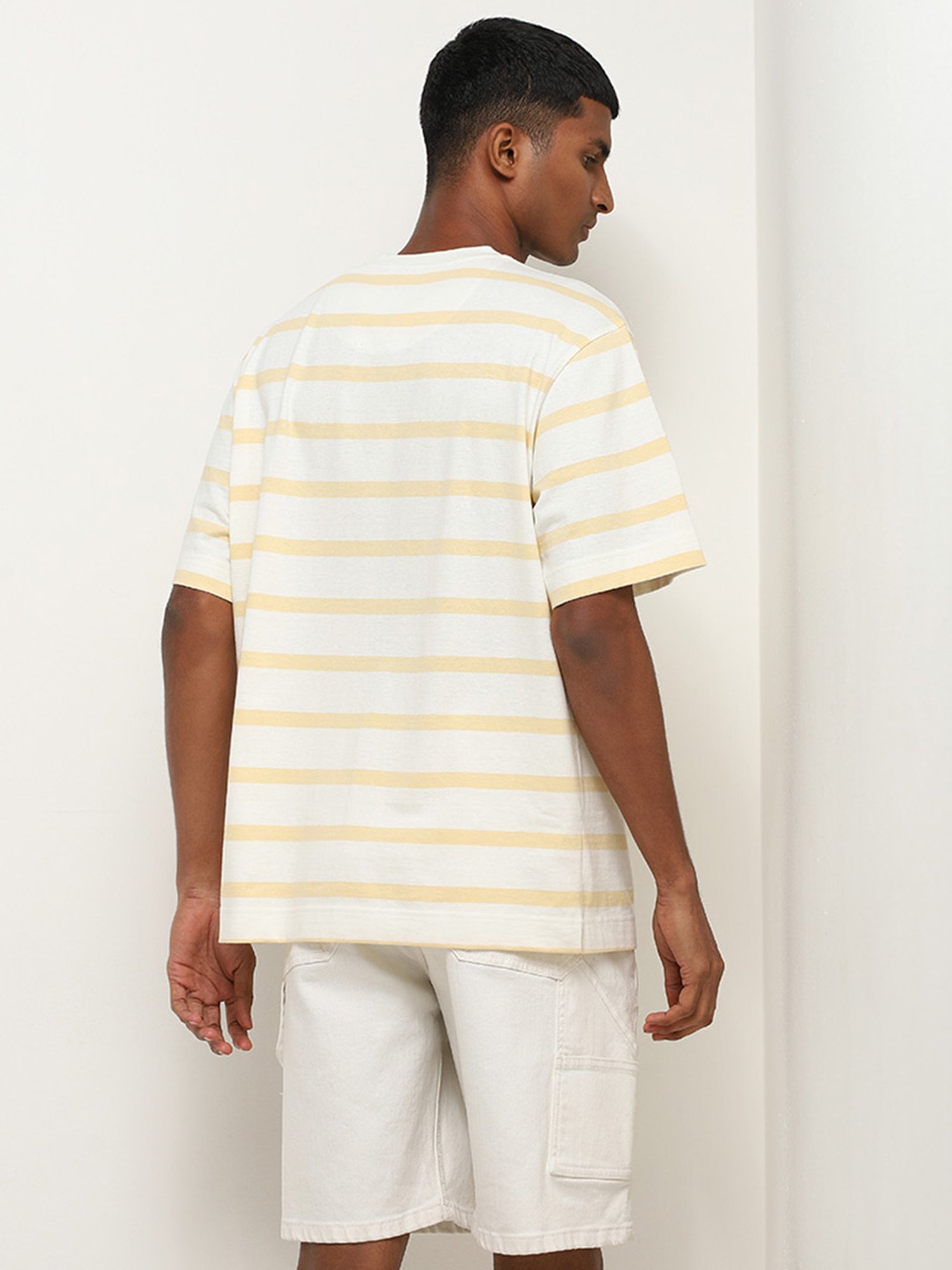 Nuon by Westside Yellow Striped Relaxed-Fit Cotton T-Shirt