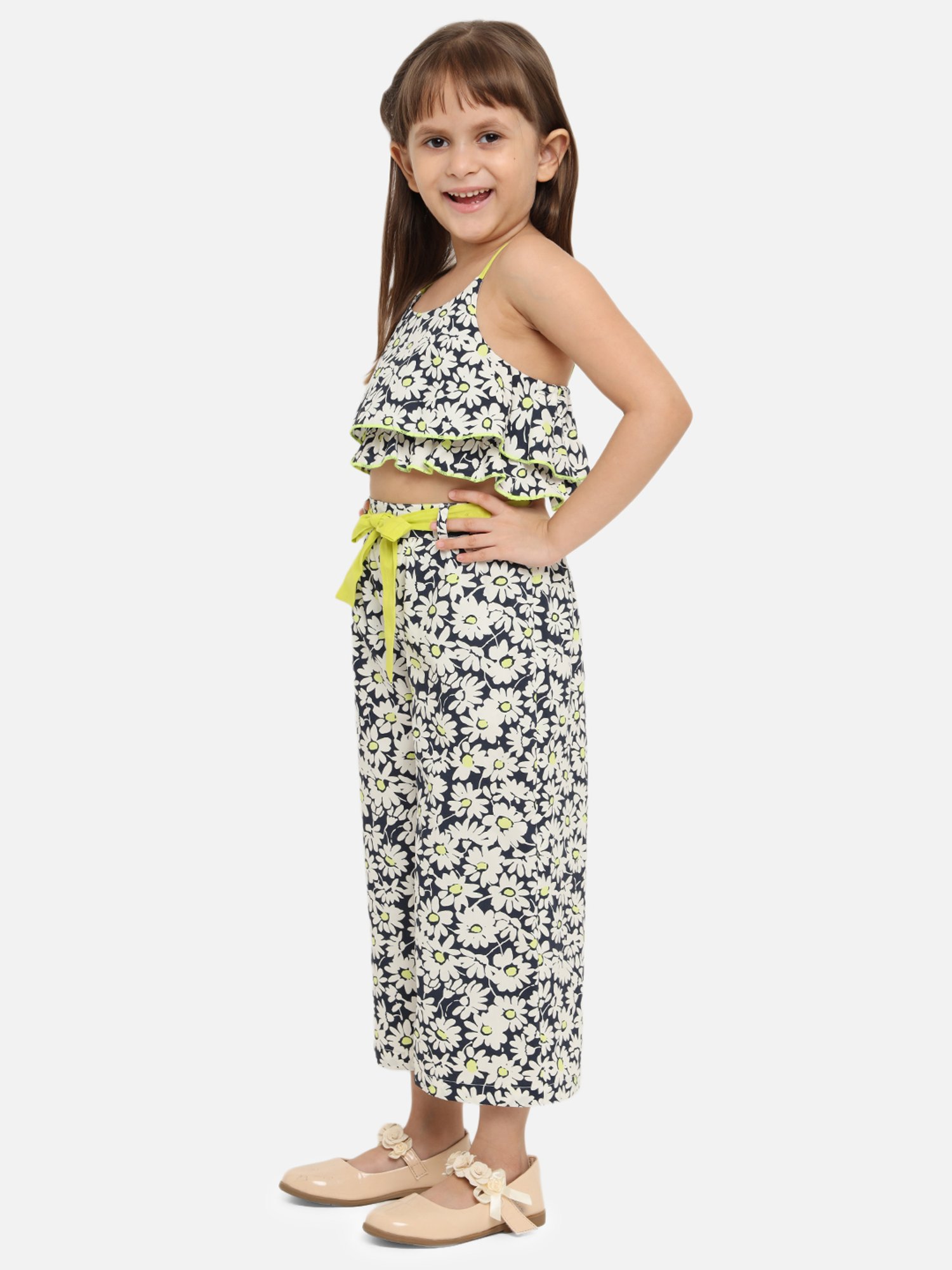 Nauti Nati Kids Navy Floral Print Top, Plazzos with Waist Tie Ups