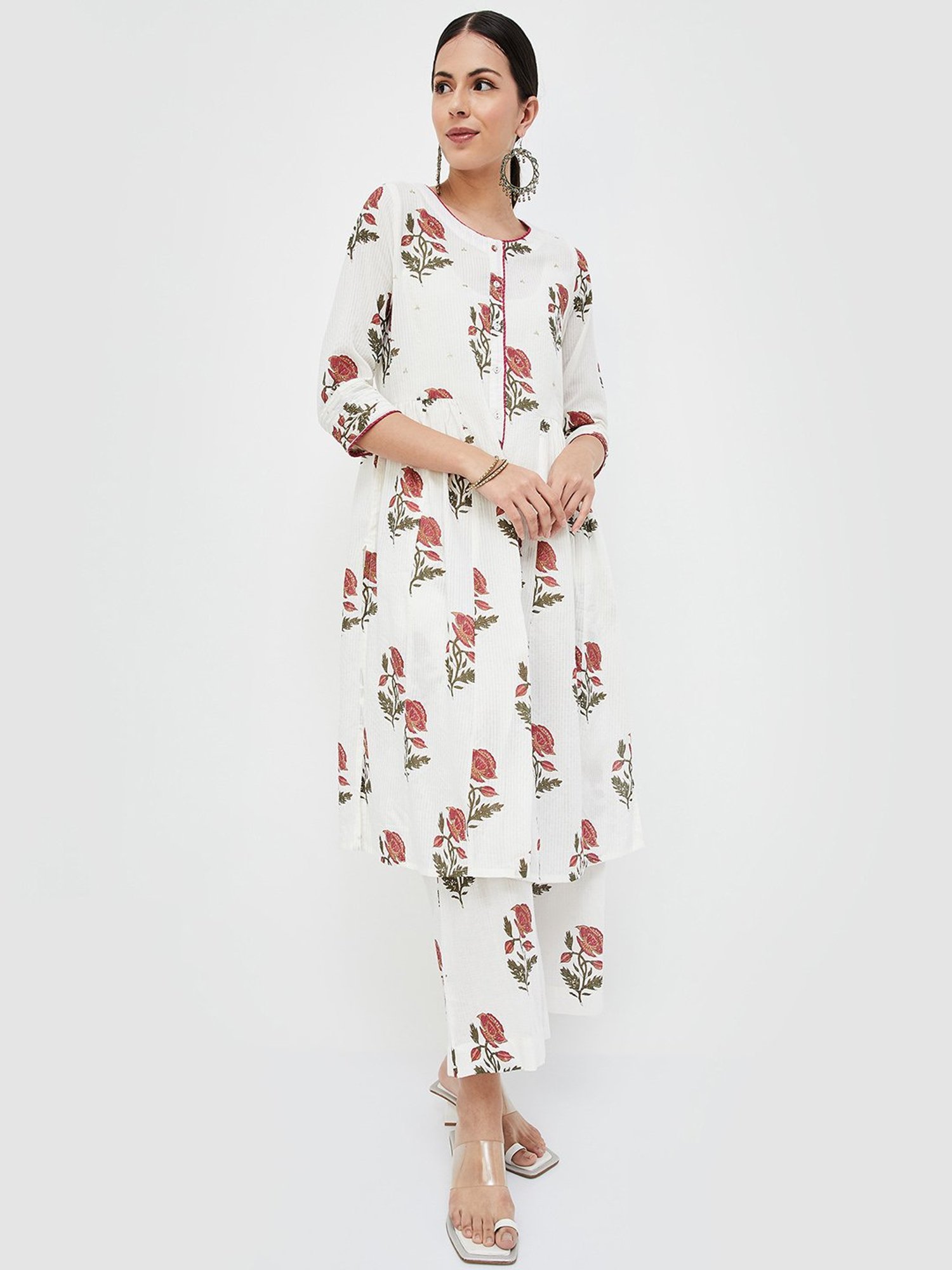 Melange by Lifestyle Off White Floral Print Kurta With Palazzos