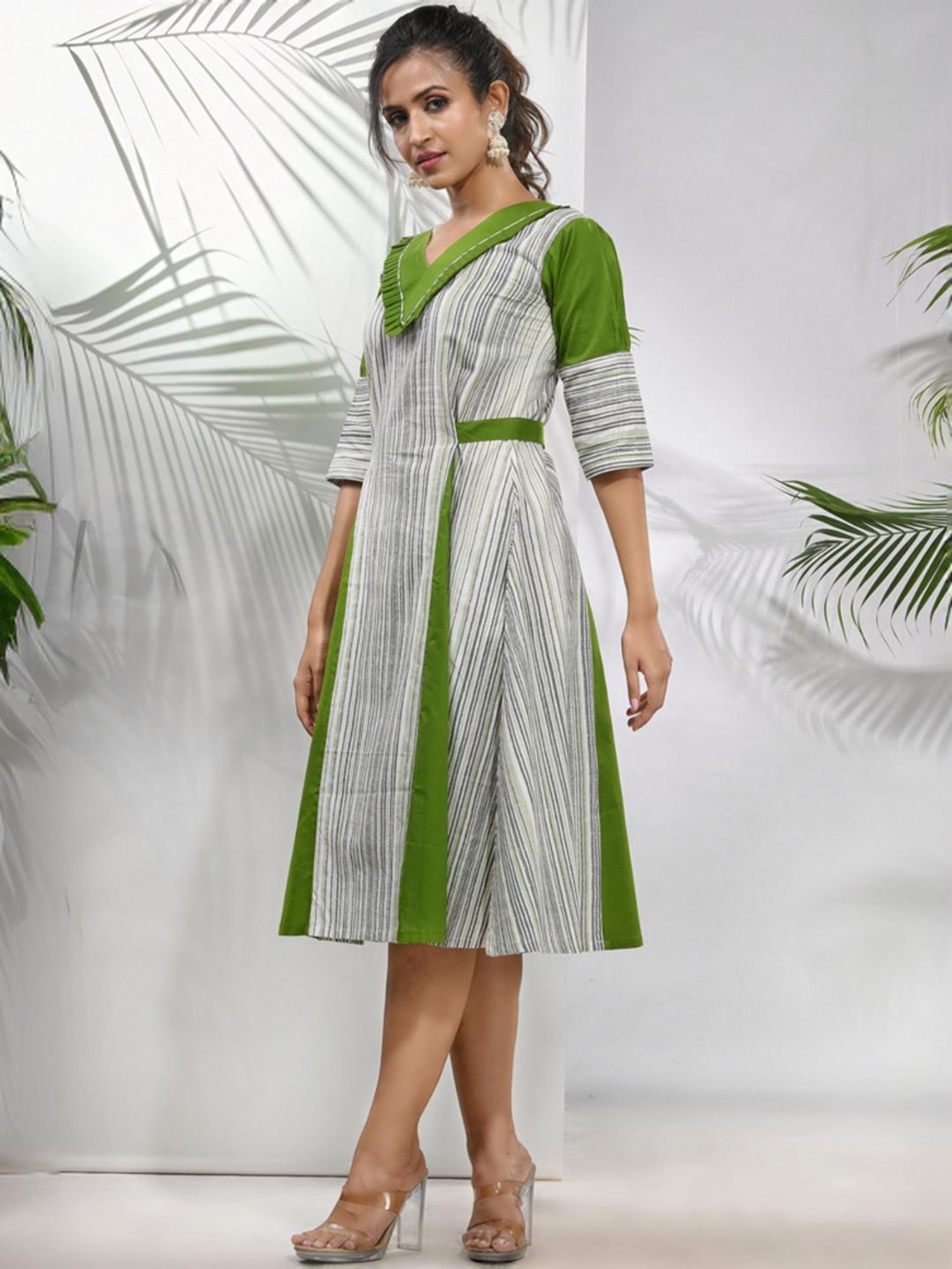 Charukriti White Cotton Striped A-Line Dress