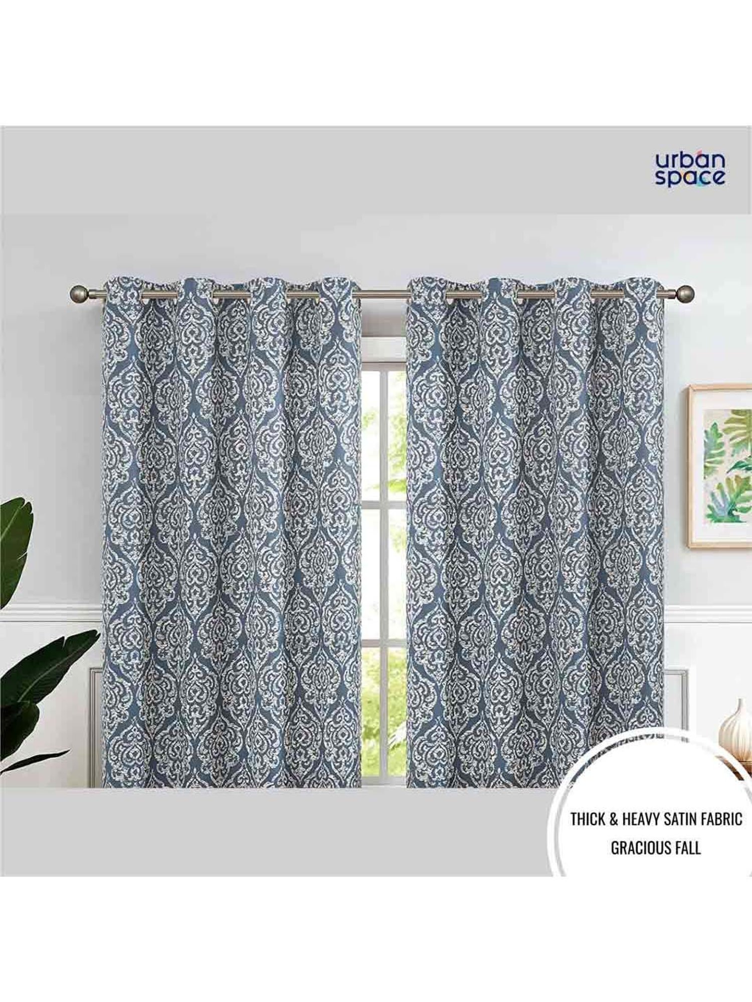 Urban Space Blue Polyester Window Curtain With Tieback & Eyelet