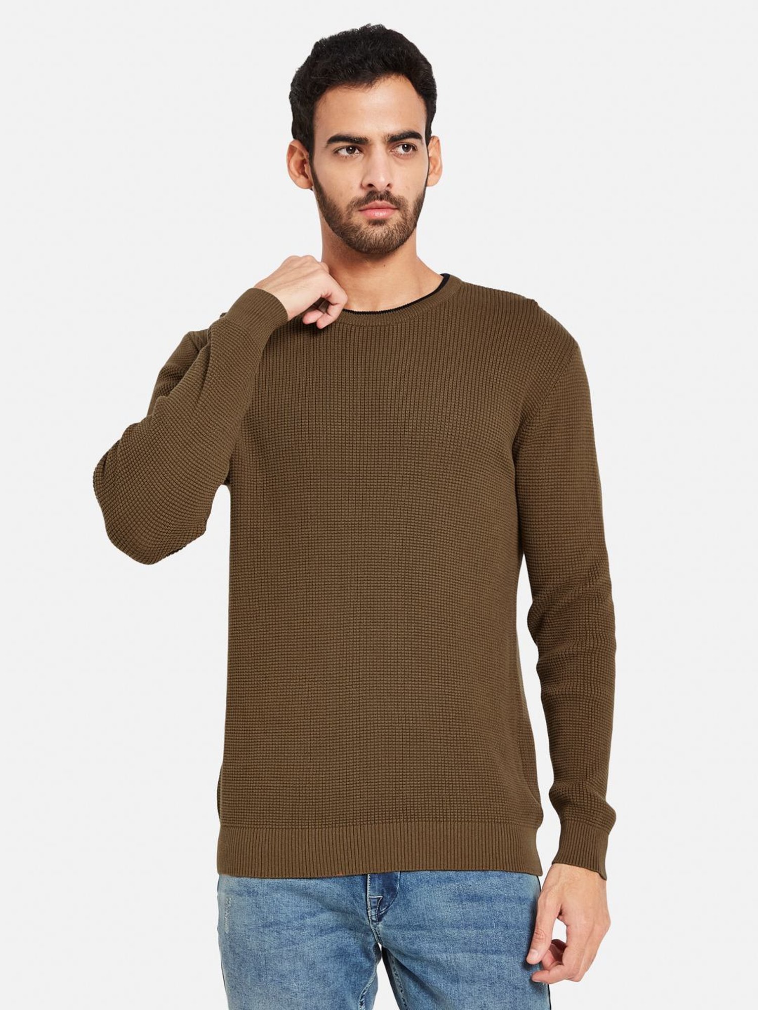 METTLE Tan Cotton Regular Fit Sweater
