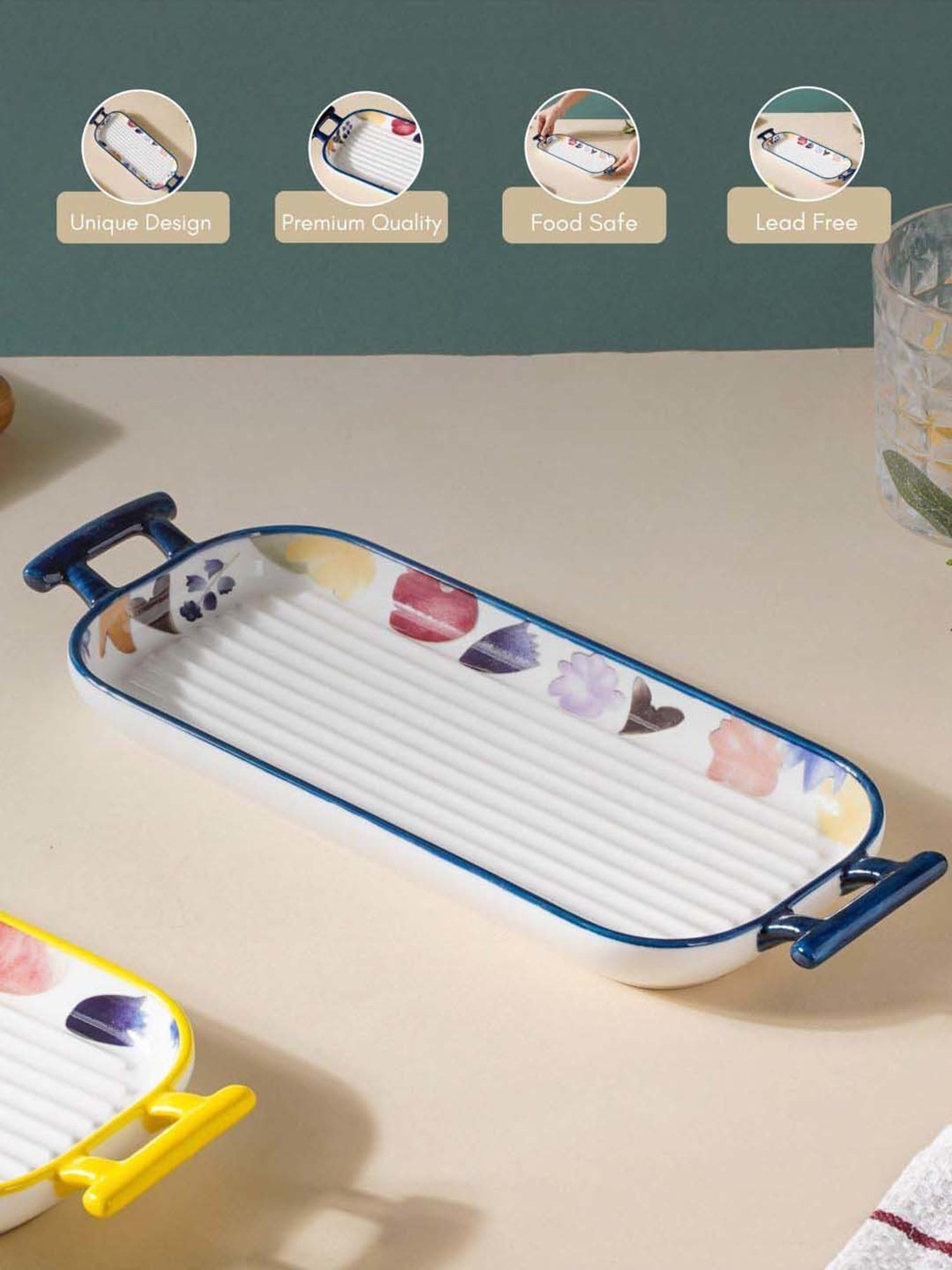 Nestasia Premium Quality Rectangular Microwave Safe Floral Baking Tray With Handle & Blue Rim