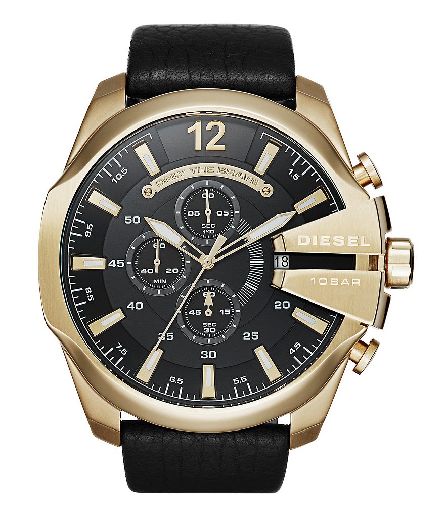 Diesel Mega Chief Leather Strap Chronograph Gold-Tone Stainless Steel Case Watch