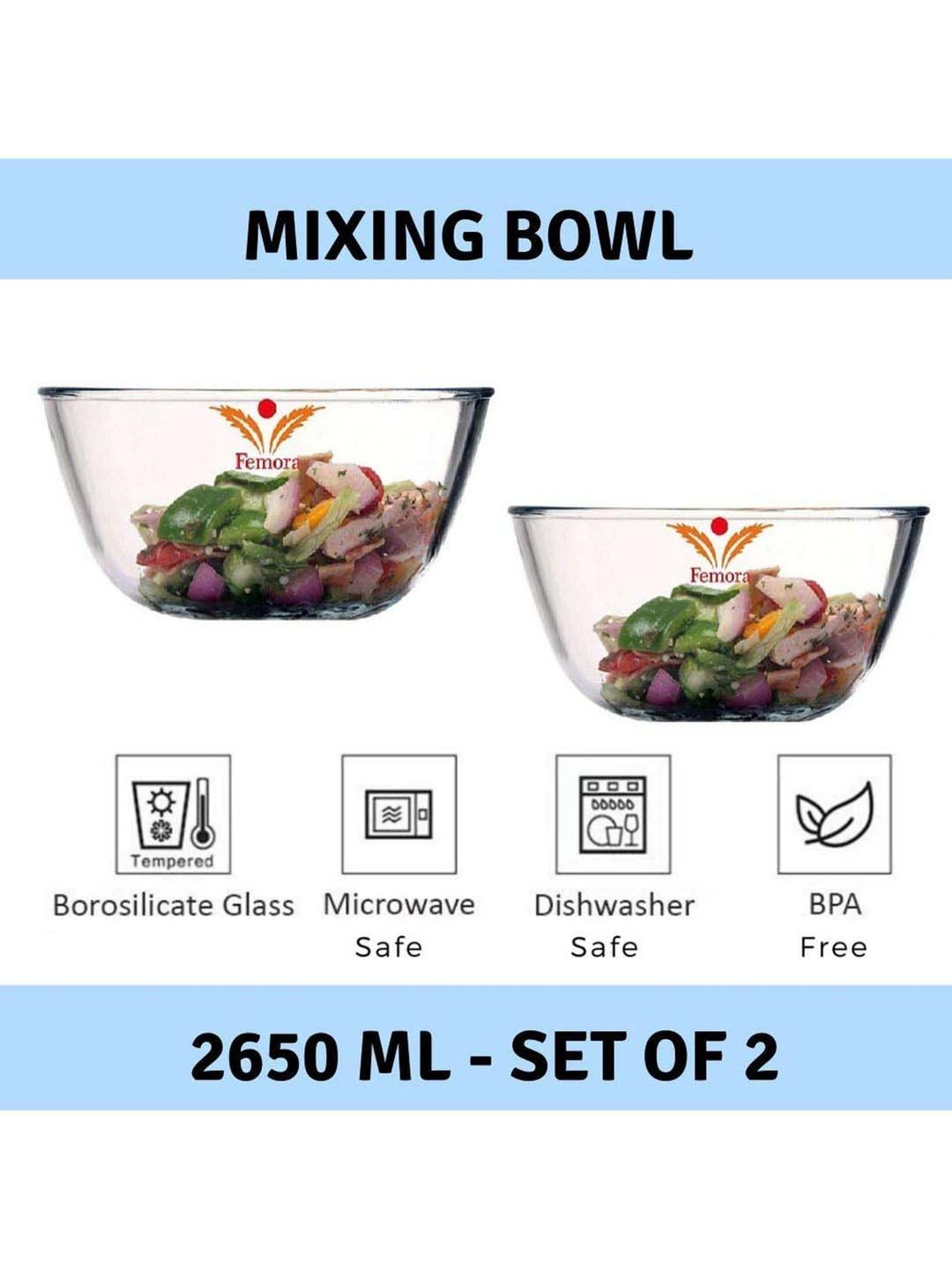 Femora Borosilicate Glass Microwave Safe Mixing Bowl (2650 ml) - Set of 1
