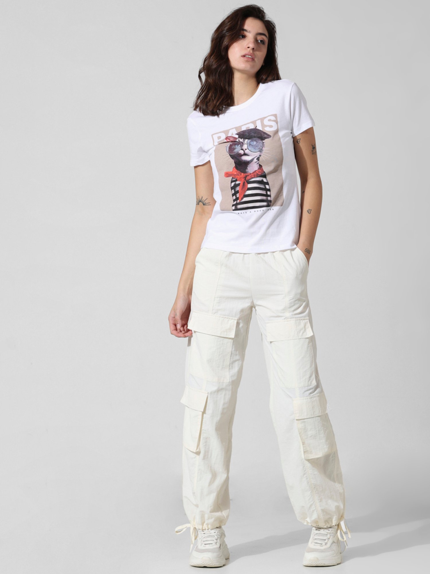 Only White Cotton Graphic Print T-Shirt