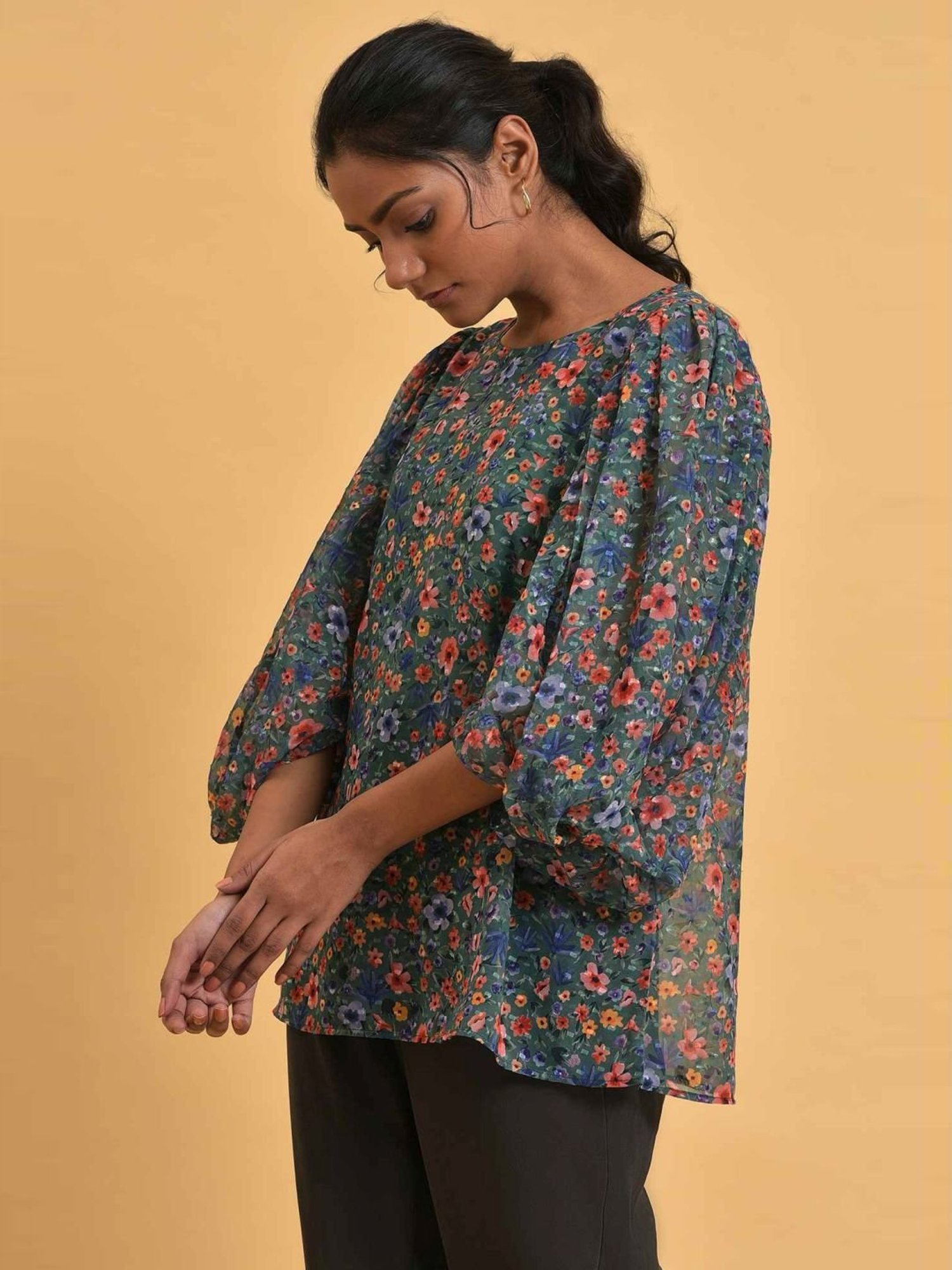 W Green Floral Print Top