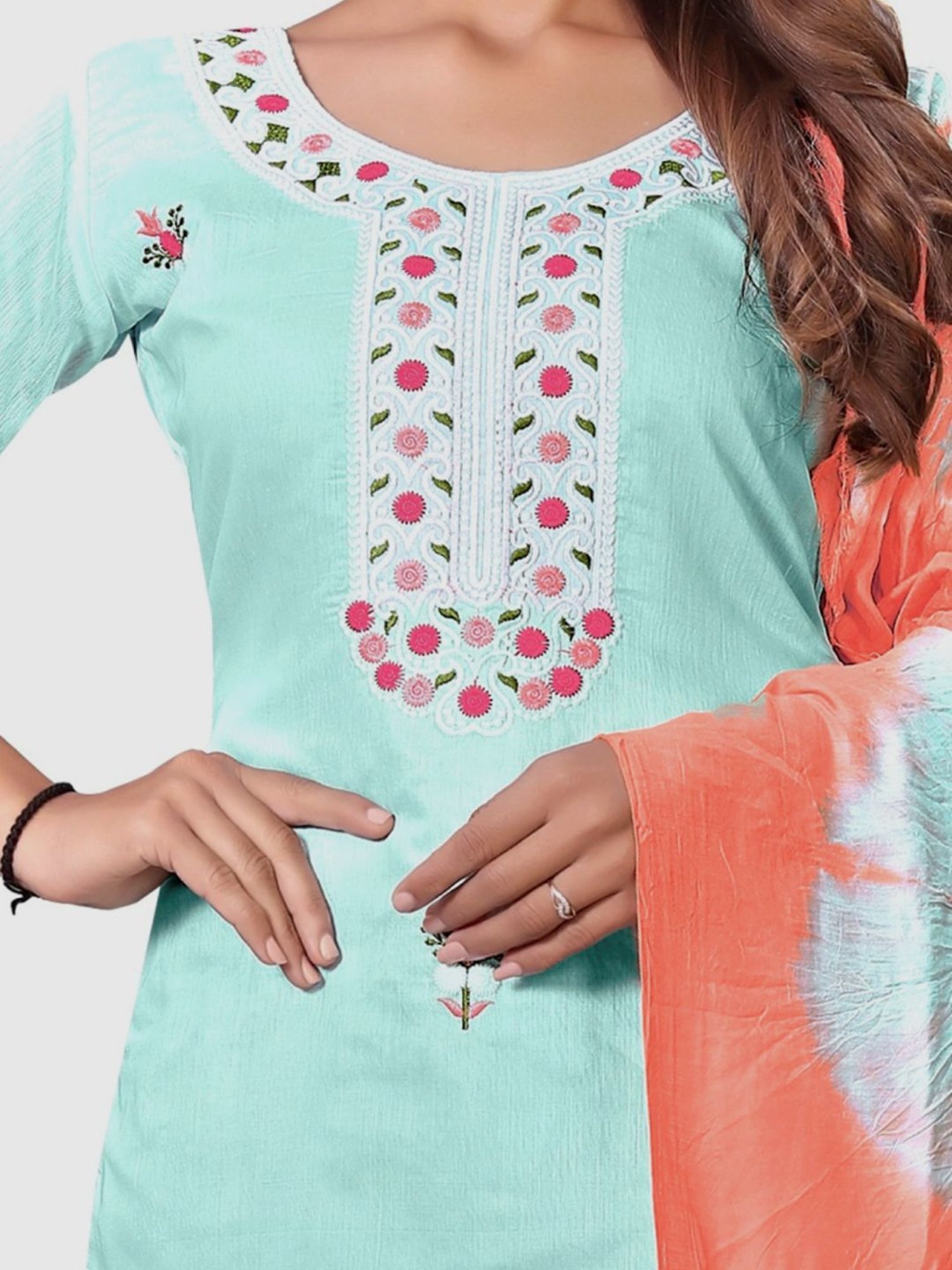 APNISHA Turquoise Embroidered Unstitched Dress Material