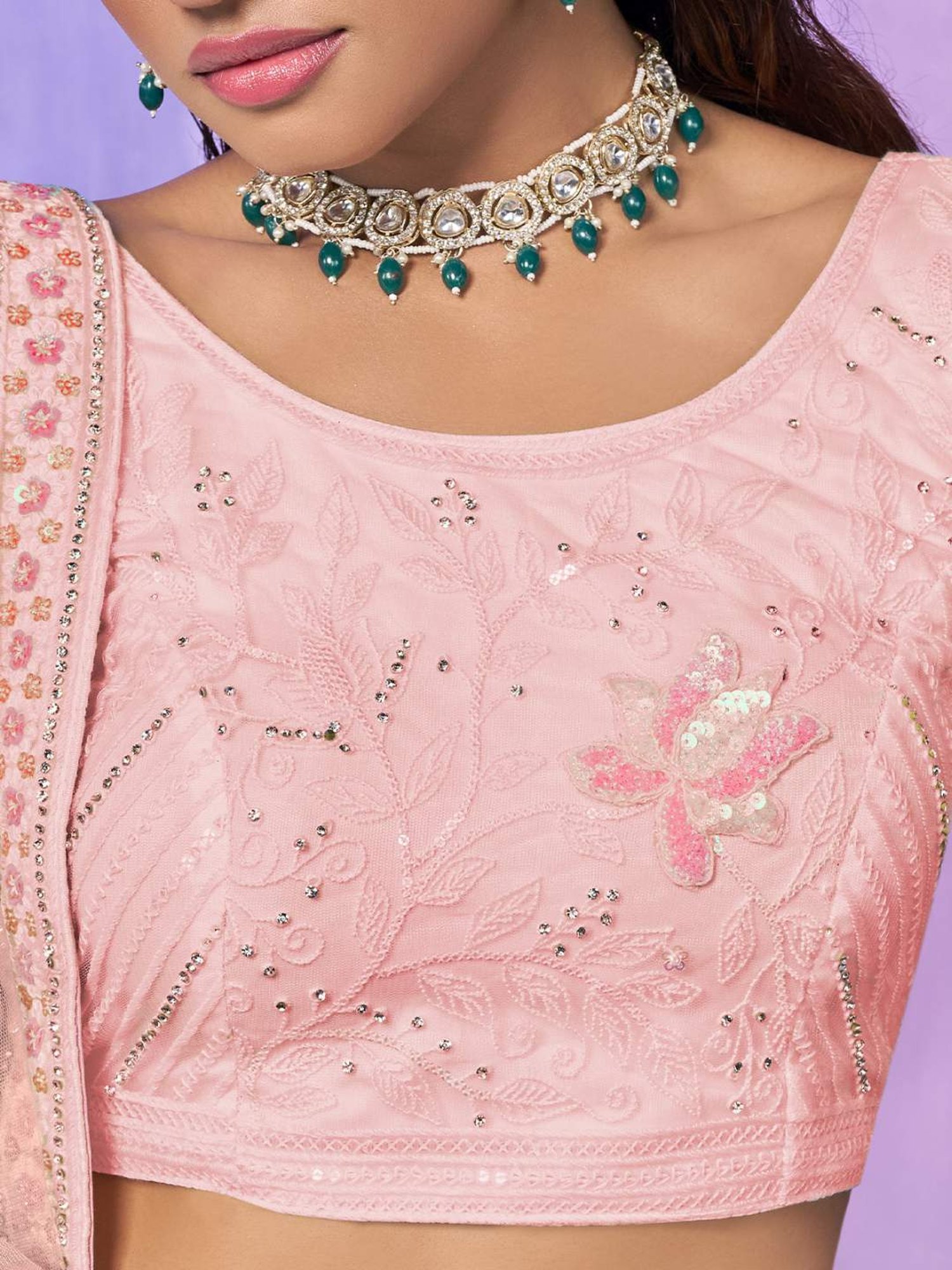 Odette Pink Embroidered Semi Stitched Lehenga Blouse Set With Dupatta
