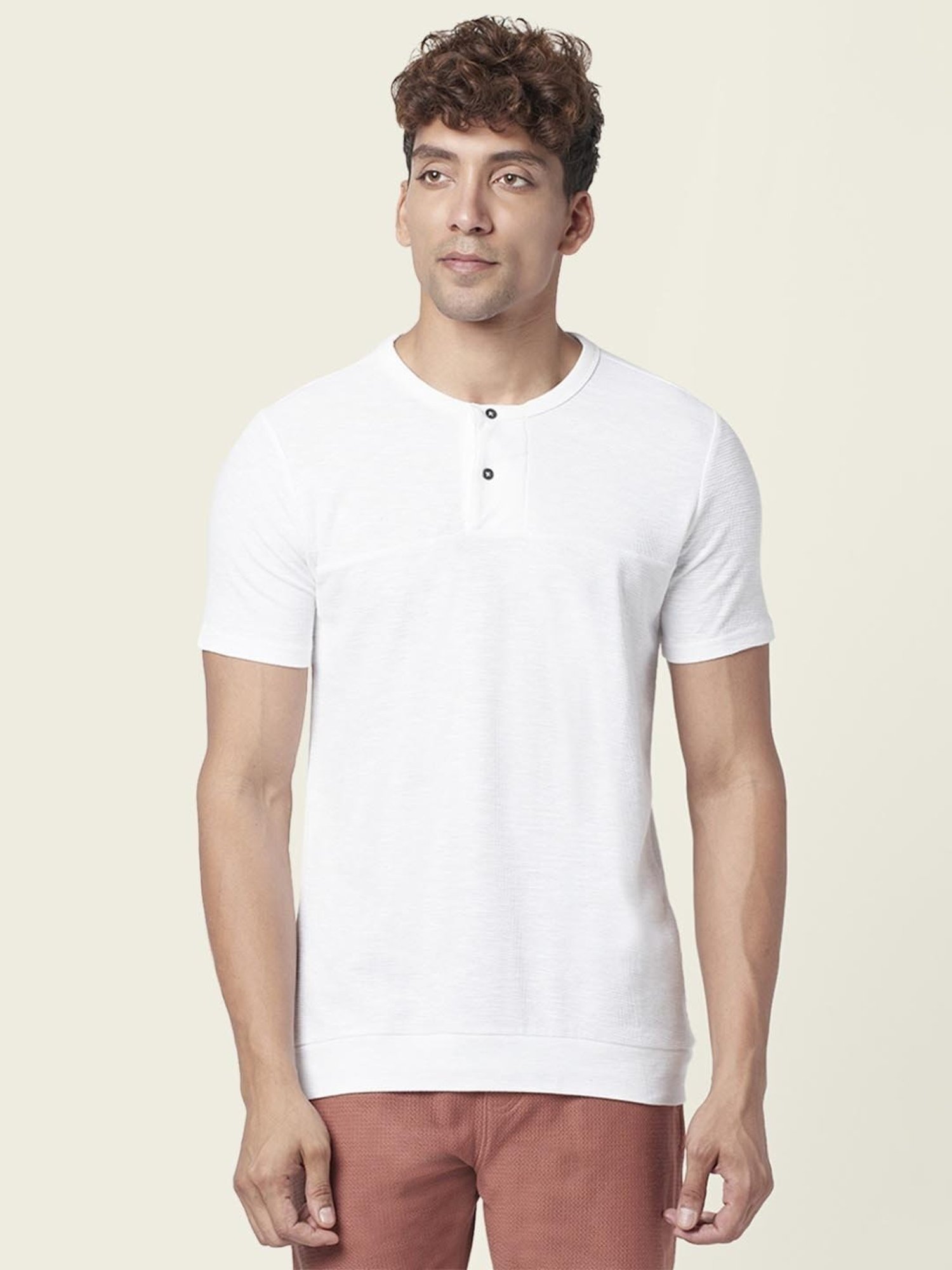 7 Alt by Pantaloons White Cotton Slim Fit Self Pattern T-Shirt