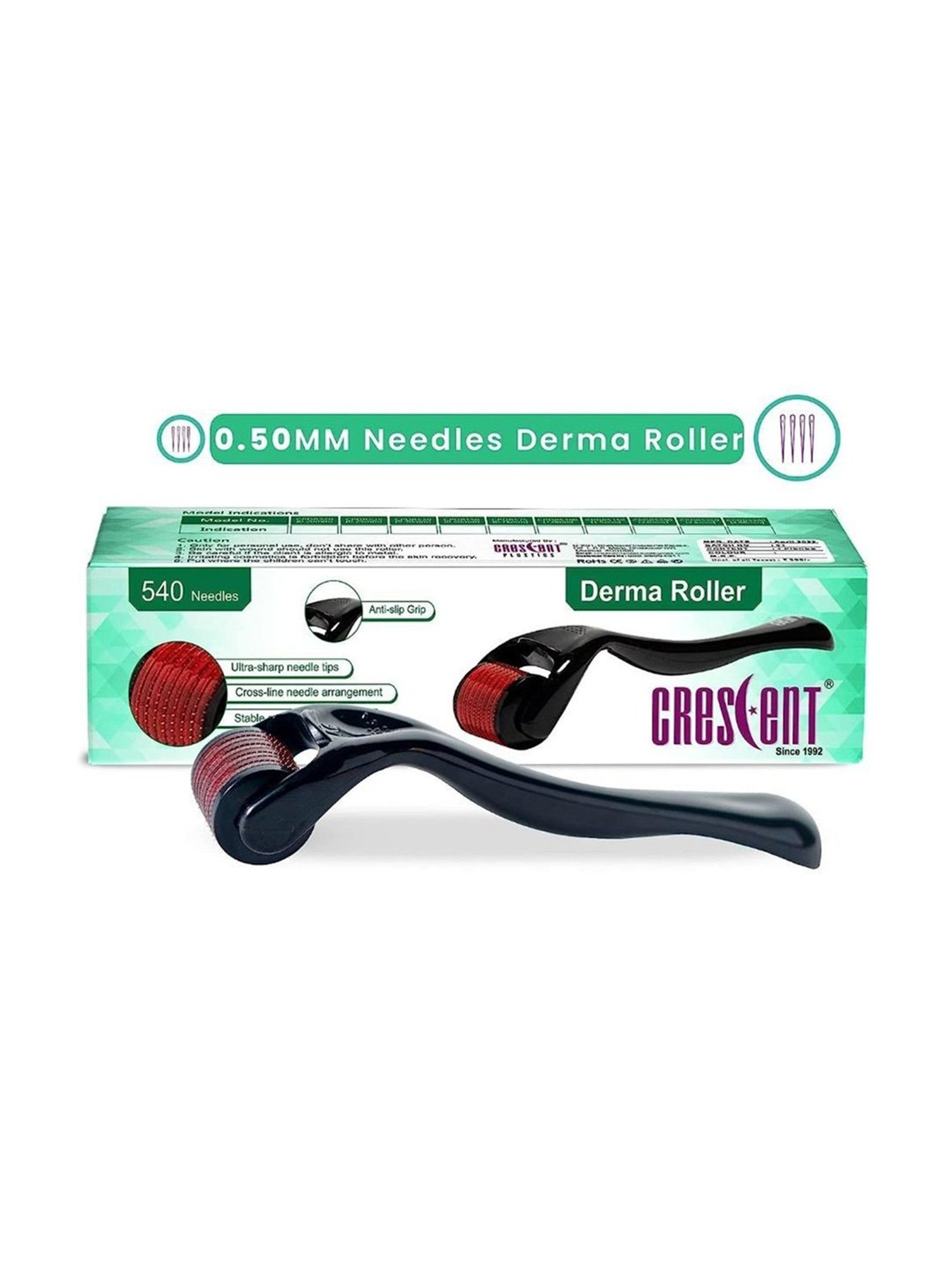 Crescent Derma Roller .50 mm 540 Needles For face, Skin Rejuvenate, Hair & Beard Growth