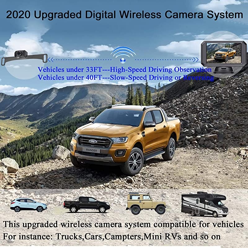 F09 5 Inch HD 1080P Wireless Backup Camera 5'' Monitor Stable Digital Signals for Trucks,Campers,Cars,SUVs,Minivans Two Video Channels Rear View Camera System Super Night Vision