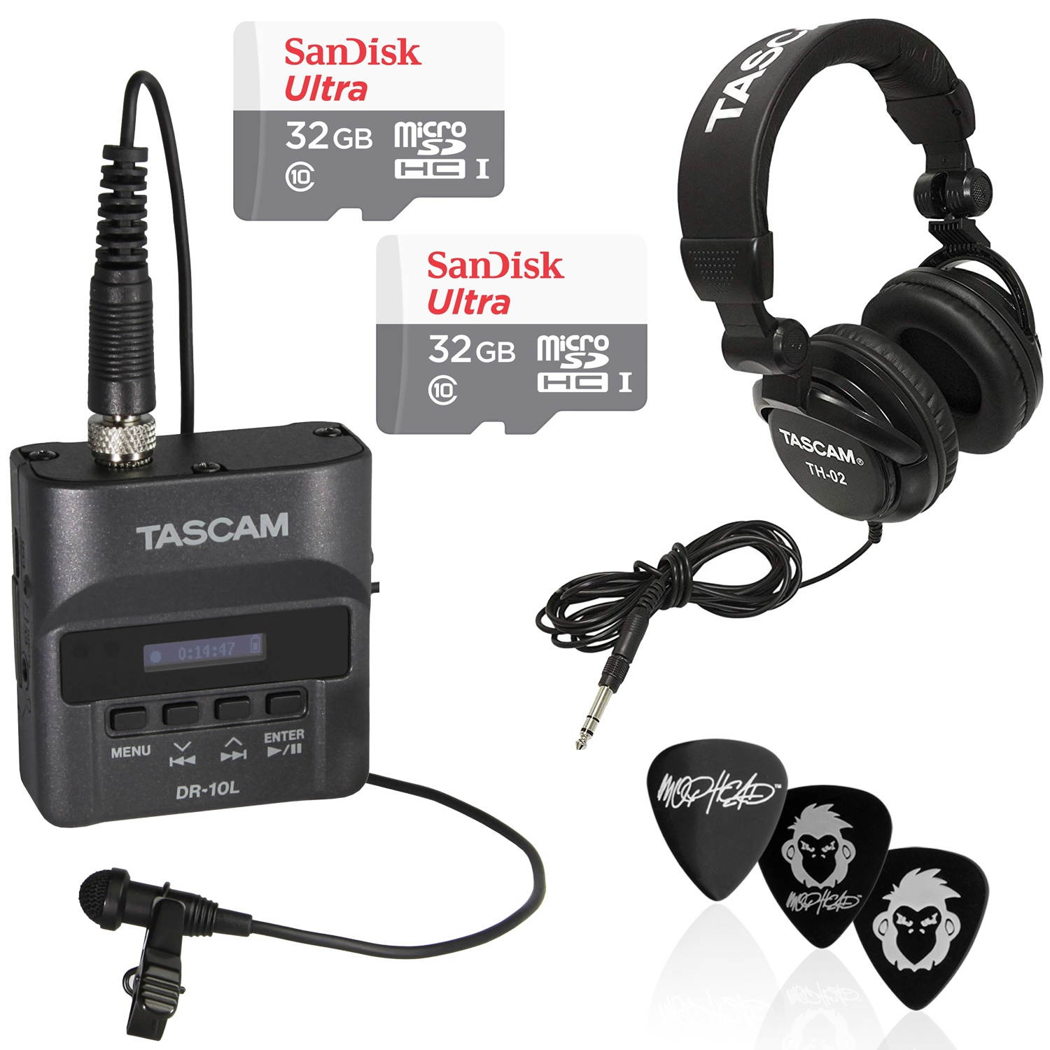 Tascam DR-10L Micro Portable Audio Recorder with Lavalier Microphone Bundle with 32GB Sandisk Micro SD Memory Cards and Tascam Closed-back Professional Studio Headphones with Deluxe Guitar Picks