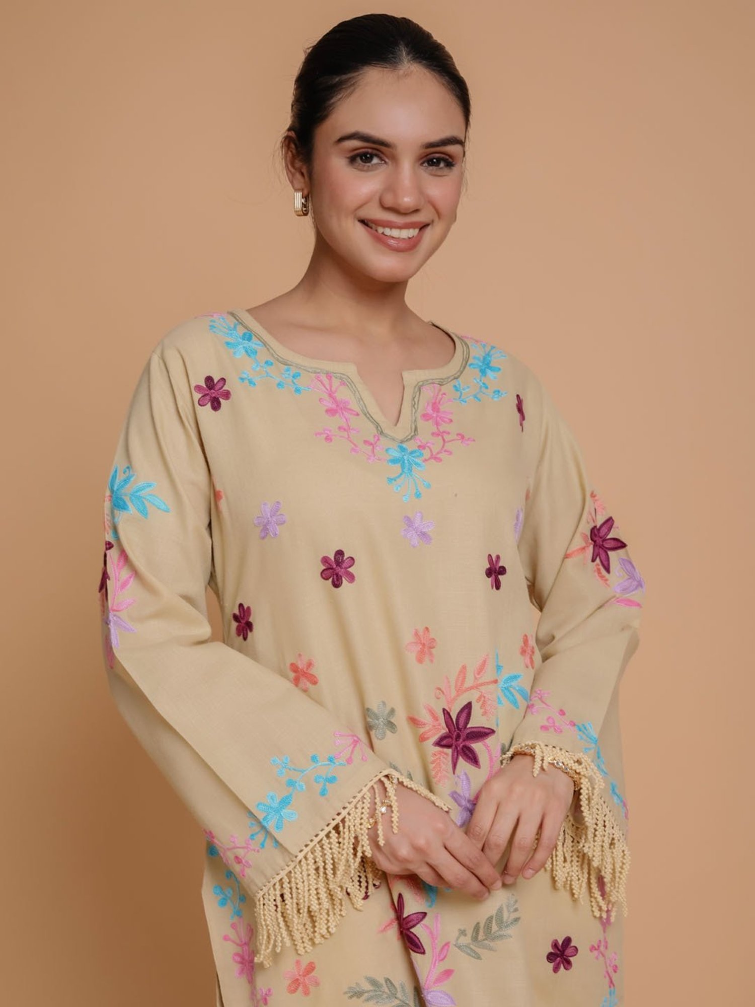 House of Kari Falak Kashmiri Long Kurta  Beige