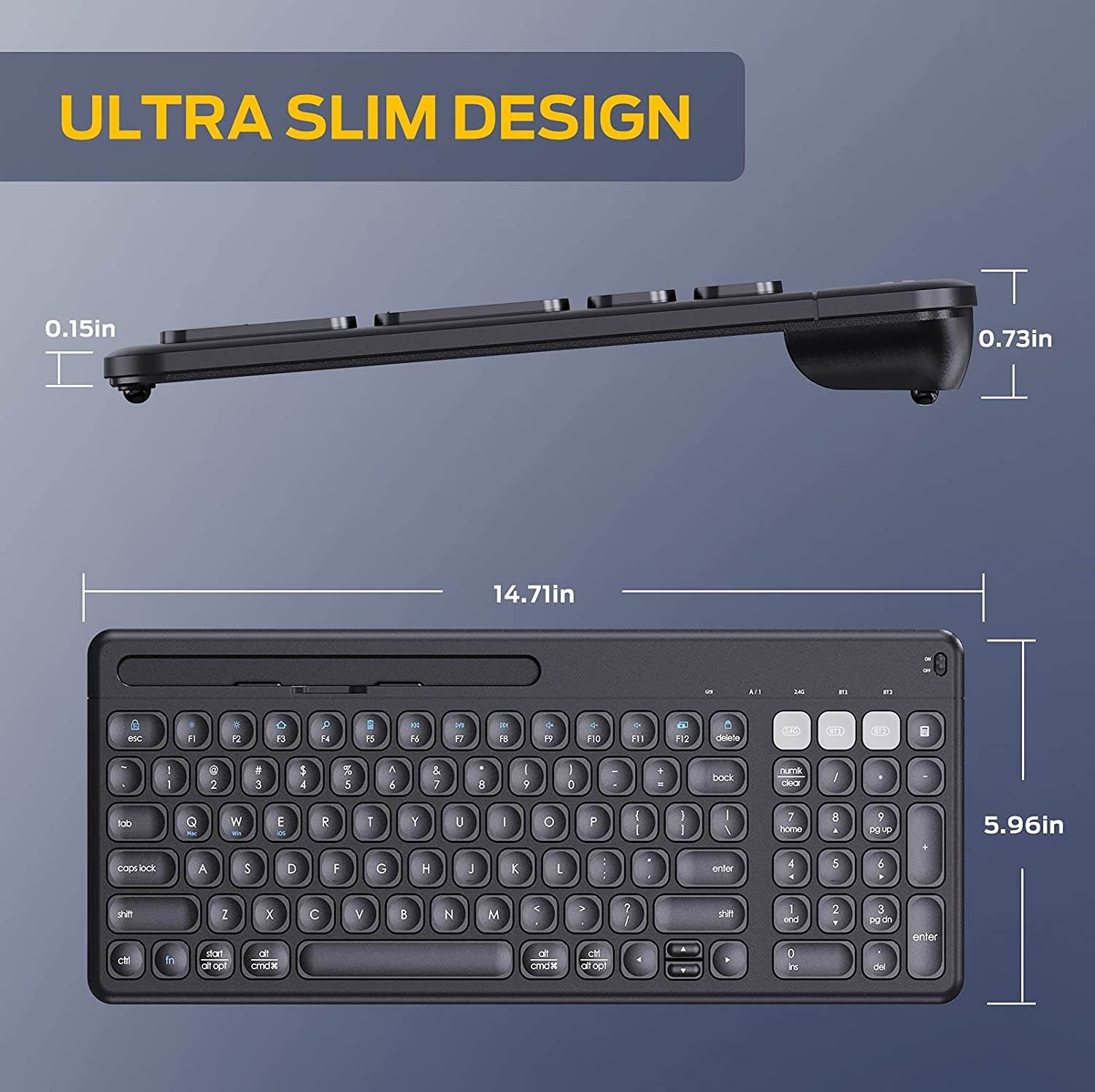 Multi-Device Bluetooth Keyboard, iClever DKA2KB Dual Mode (Bluetooth 4.2 + 2.4G) Wireless Keyboard, Ergonomic Ultra-Slim Computer Keyboard with iPad Holder for Mac, Windows, Android, PC, Laptop, Black