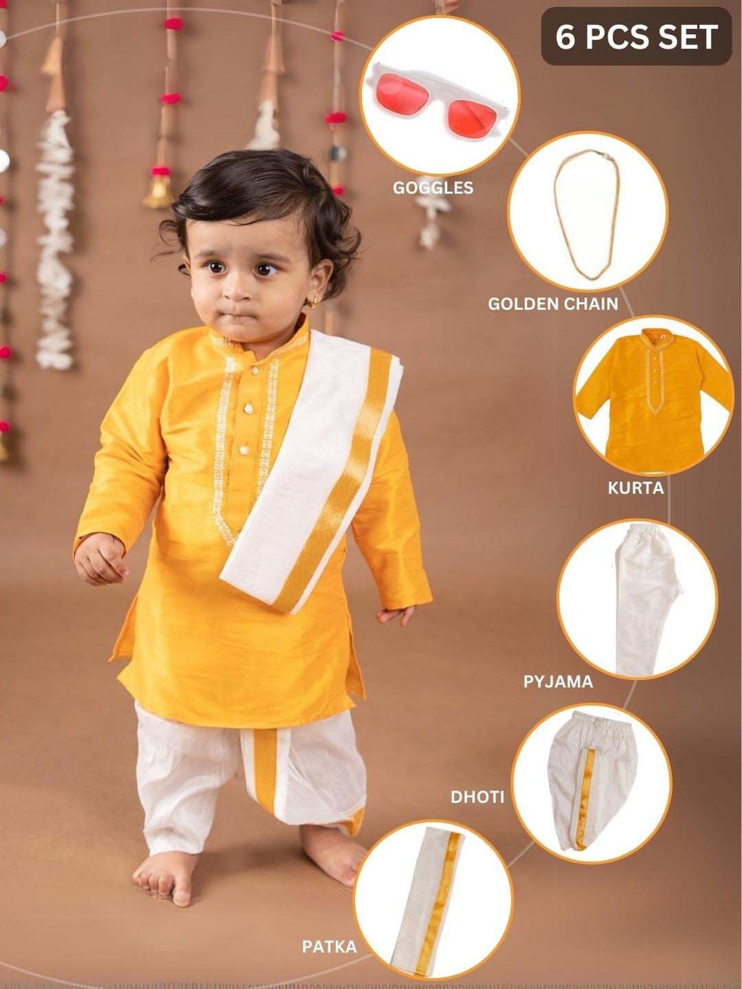 Baby Moo Kids Yellow & White Regular Fit Full Sleeves Kurta Set