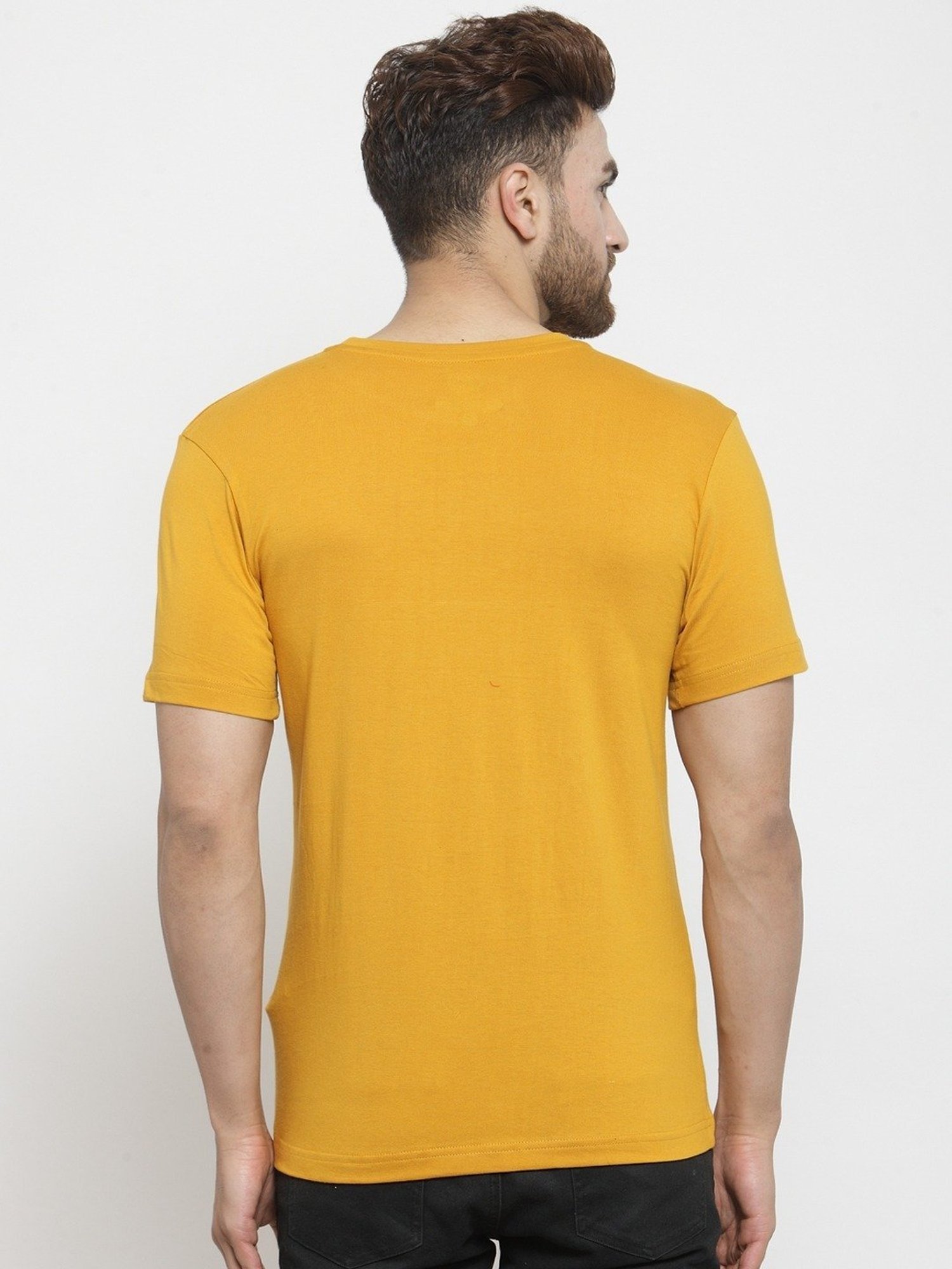 Friskers Mustard Cotton Slim Fit Printed T-Shirt