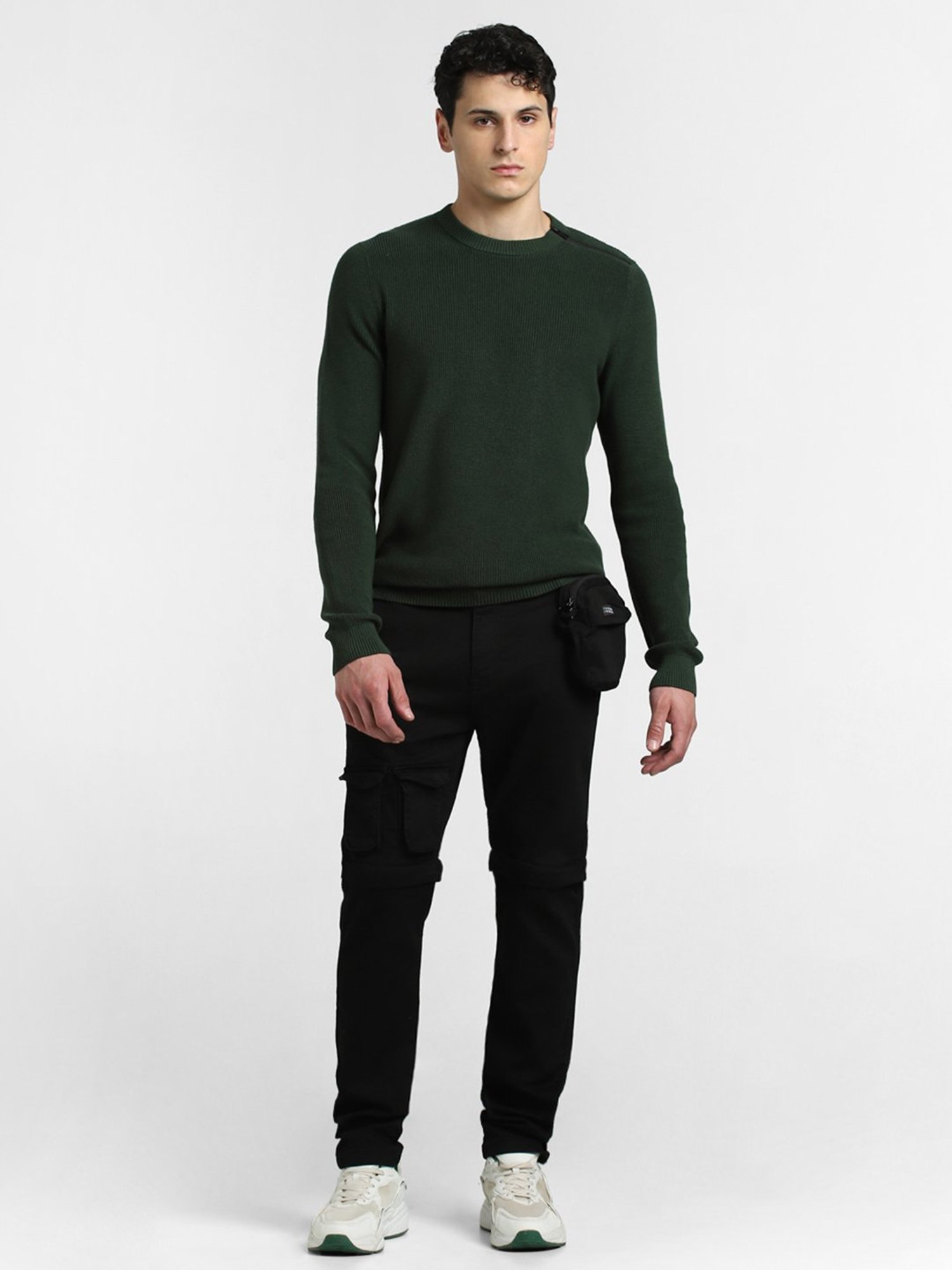 Jack & Jones Dark Green Slim Fit Textured Cotton Sweater