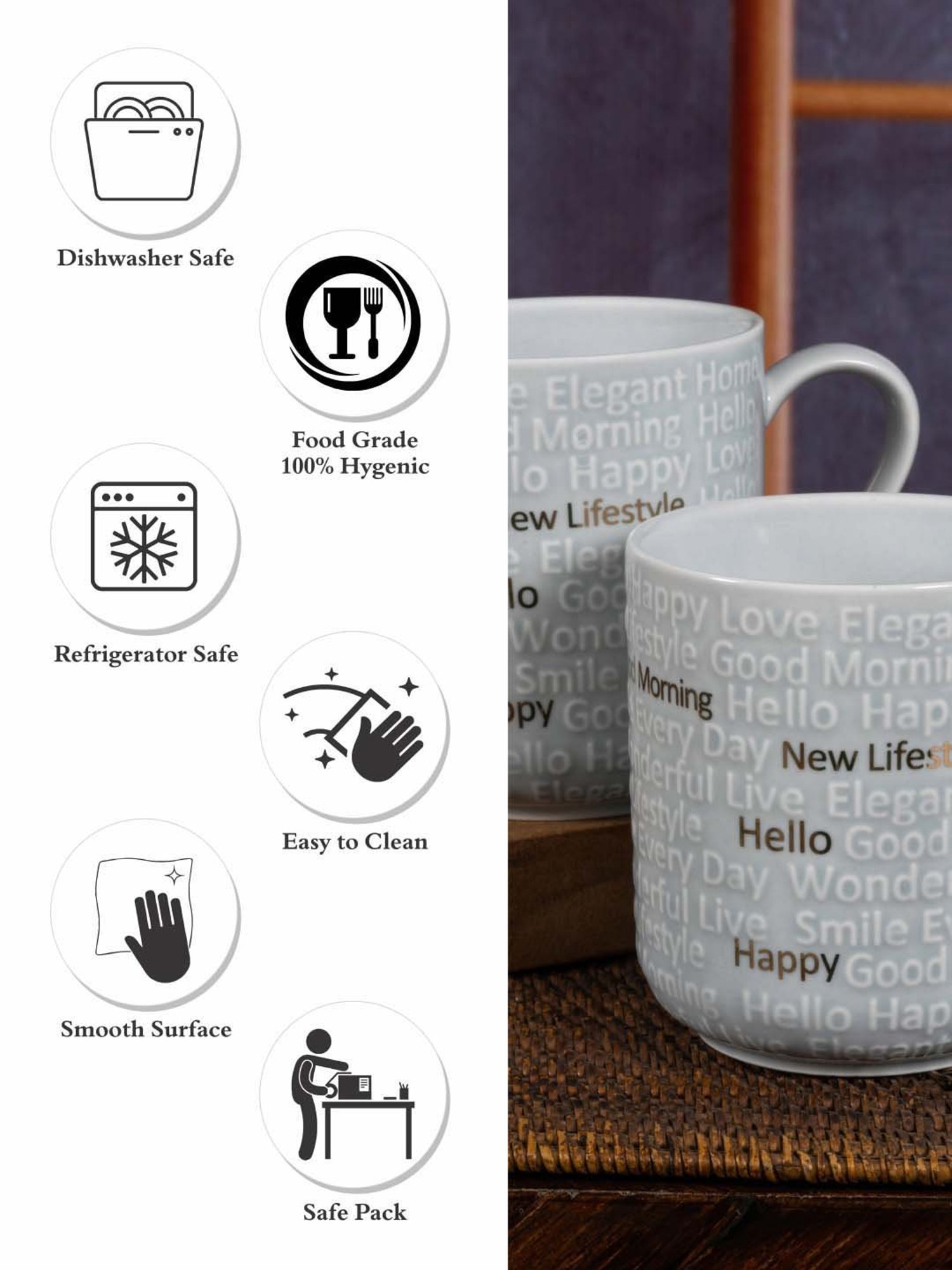 White Gold Light Grey Porcelain 8.5 cm Mug - Set of 2