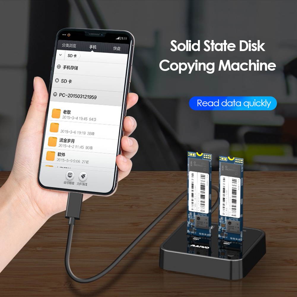 USB 3.1 Type C to M.2 SATA Dual Bay External Hard Drive Docking Station with Offline Clone for M2 SSD 2TB