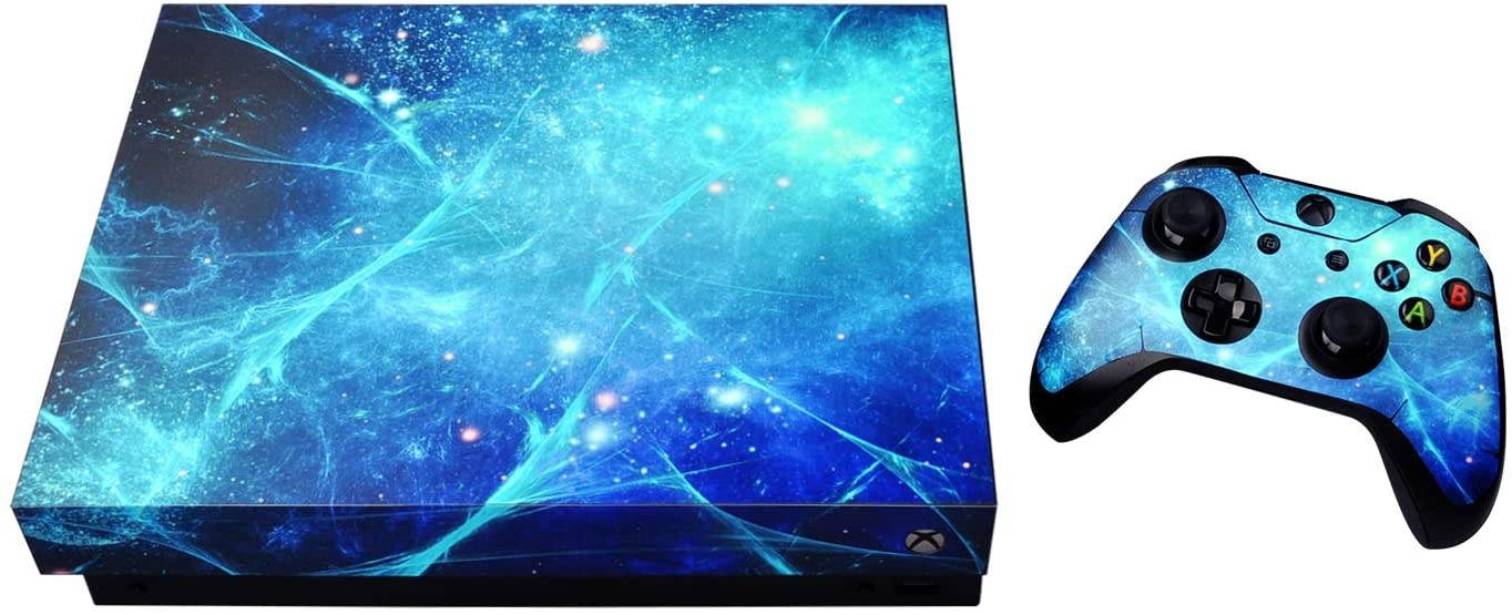 eXtremeRate Full Set Faceplates Skin Stickers for Xbox One X Console Controller with 2 Pcs Home Button Decals - Blue Galaxy