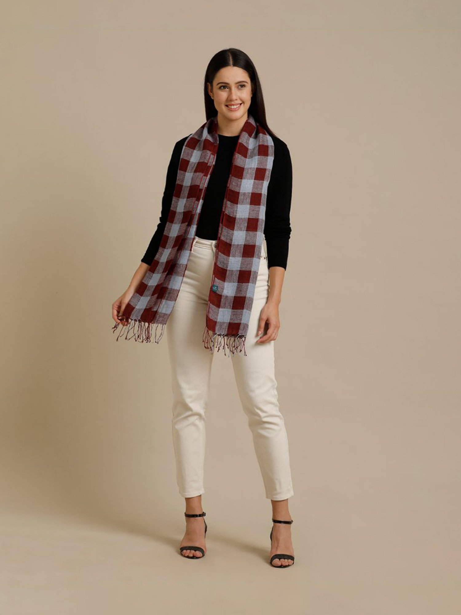 Linen Club Maroon Checks Pure Linen Stole