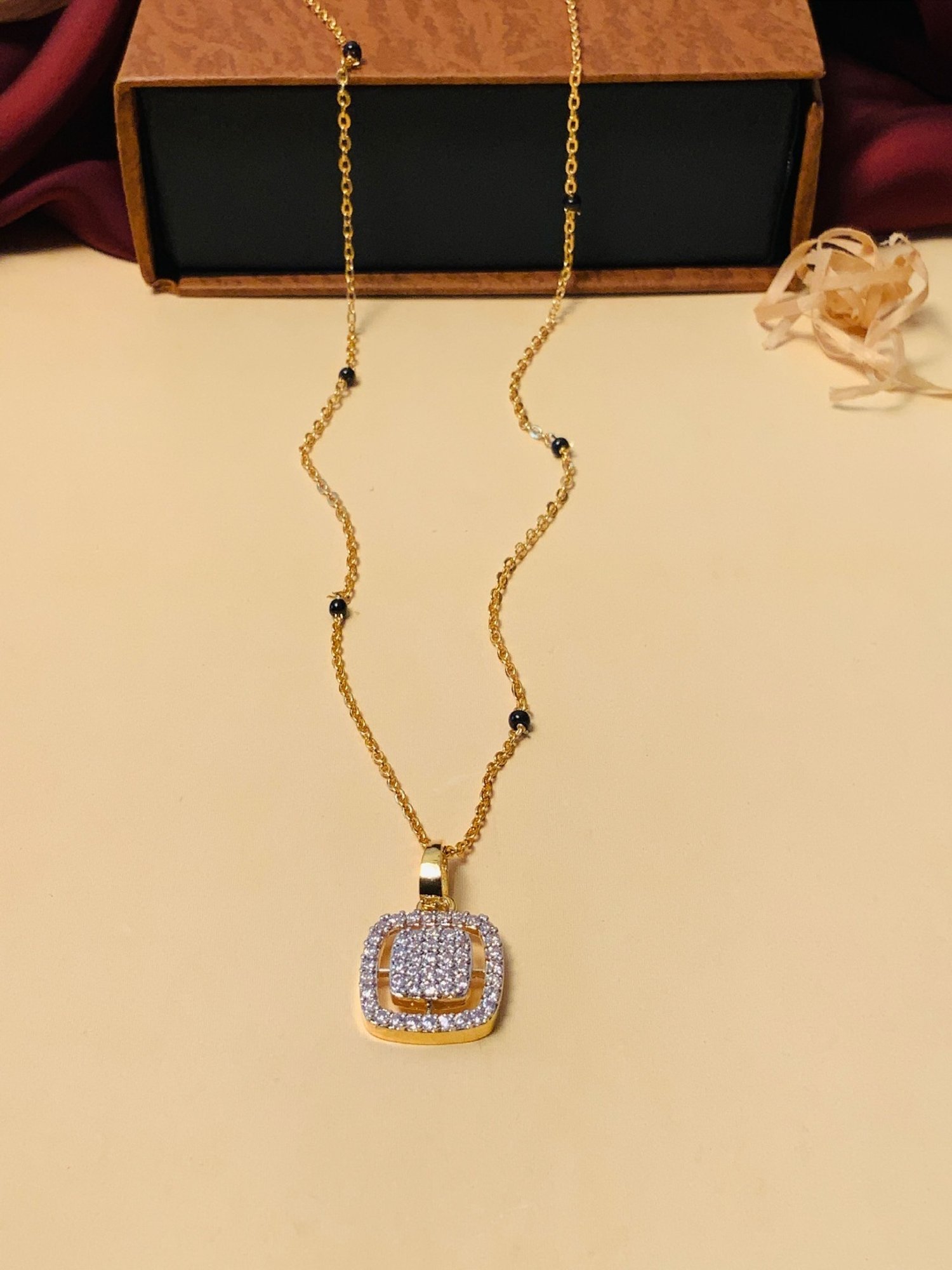 Abdesigns Gold-Plated American Diamond & Black Beaded Mangalsutra