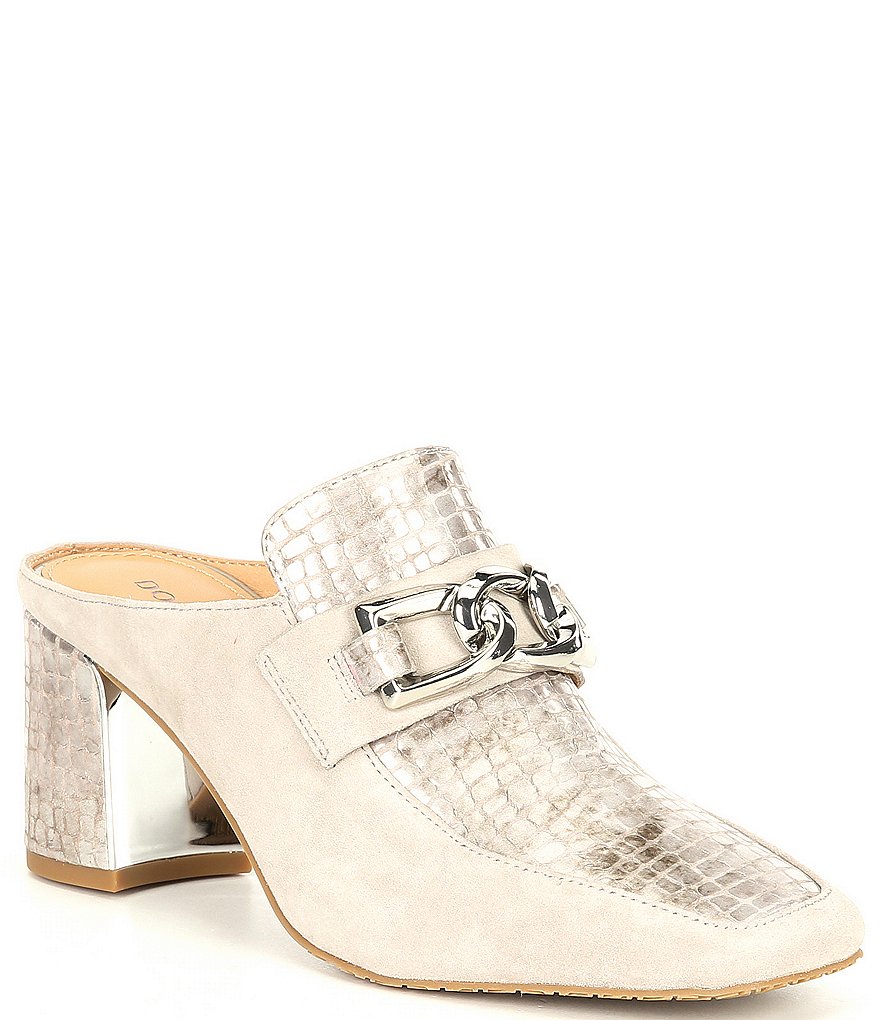 Donald Pliner Caape Suede Croco Print Chain Strap Mules