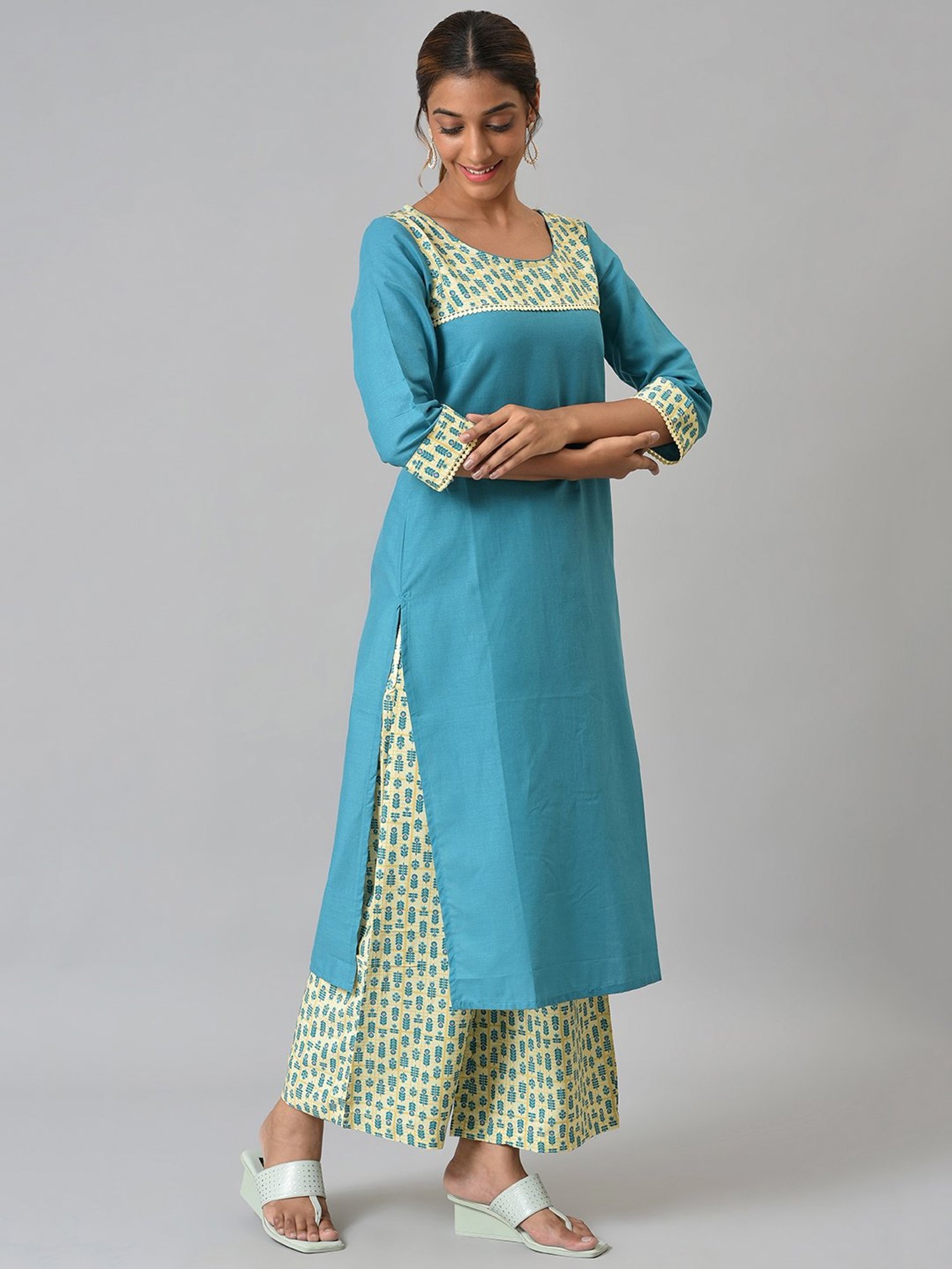 Aurelia Blue & Beige Cotton Floral Print Kurta Palazzo Set