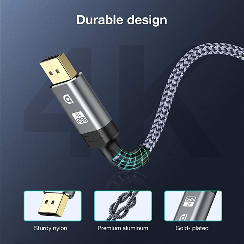DisplayPort Cable, 3.3ft DP Cable 4K Nylon Braided -(4K@60Hz, 2K@144Hz) Ultra High Speed DisplayPort to DisplayPort Cable or Laptop PC TV etc- Gaming Monitor Cable (Grey)