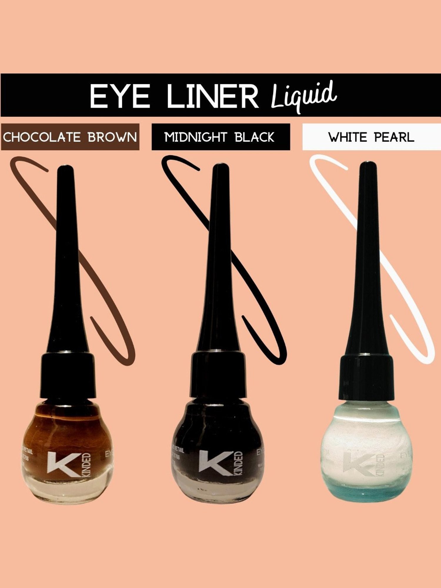 KINDED Liquid Eye Liner Midnight Black, Chocolate Brown & White Pearl Combo