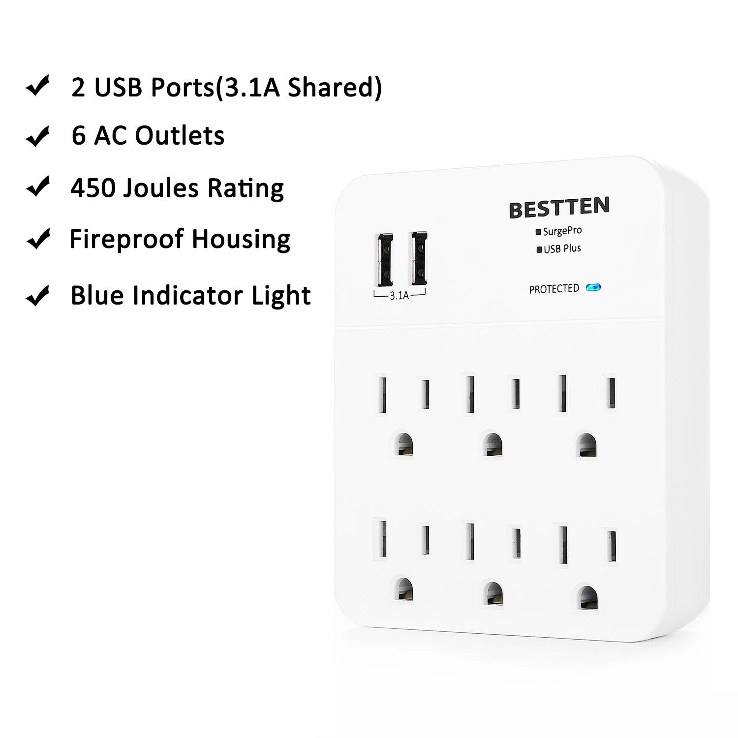 BESTTEN Multi Wall Tap Outlet Adapter Surge Protector with 2 USB Charging Ports (2.4A/Port, 3.1A Total) and 6 Electrical AC Sockets, ETL Certified, White