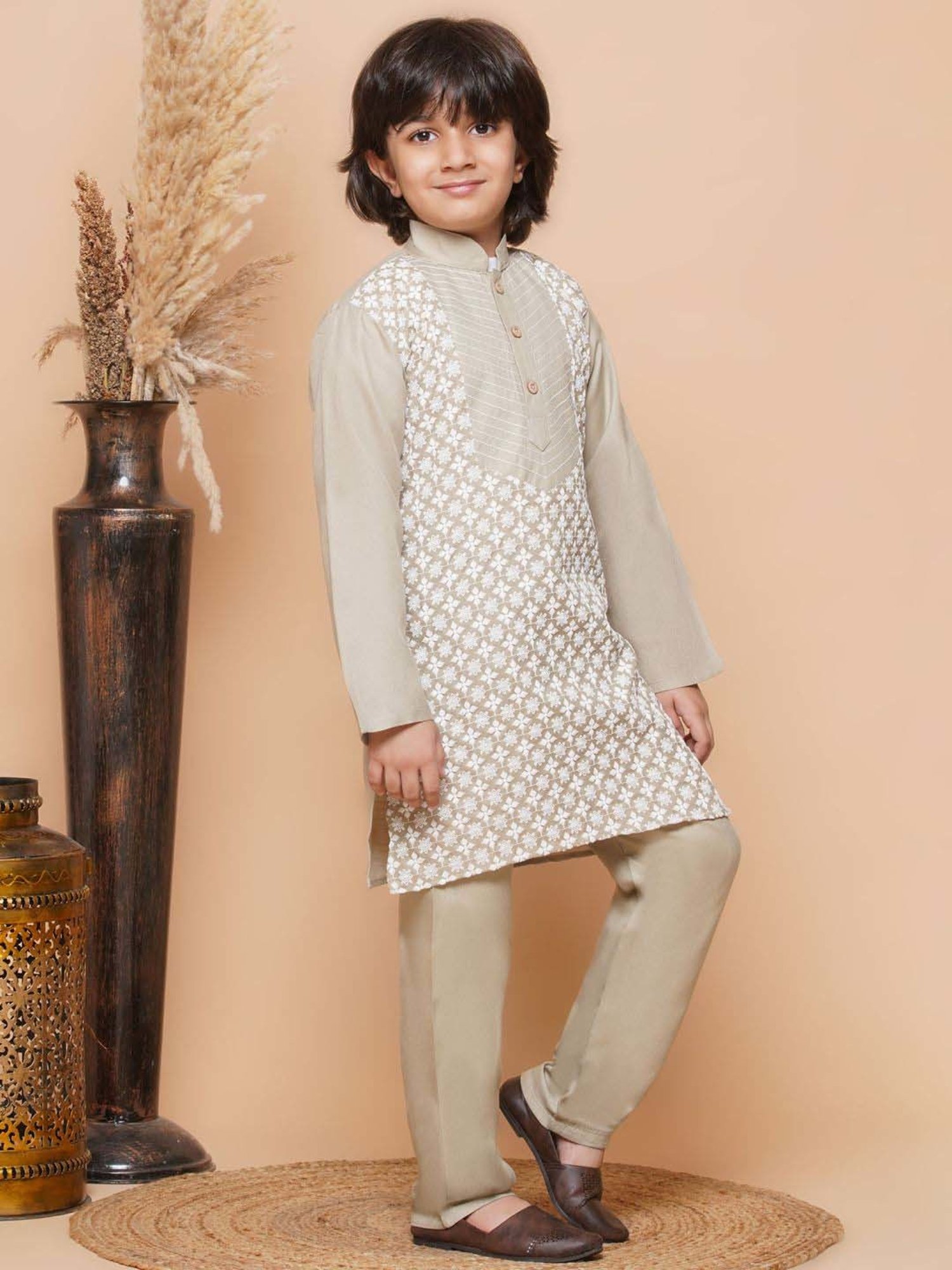 AJ Dezines Kids Pista Green Cotton Embroidered Full Sleeves Kurta Set