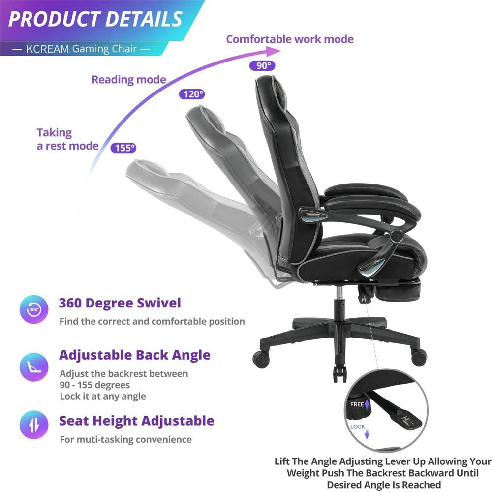 KCREAM Racing Style PC Gamer Chair Large Size Ergonomic Computer Chair with Build-in Lumbar Support Footrest and Adjustable Recliner High Back PU Leather Gaming Chair for Adult