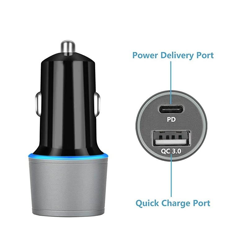 Type C Car Charger, Compatible for Google Pixel 5/4a/4/3a/3/2/XL, Samsung Note 20/S20/S10 USB C PD Car Charger with 3ft Cable, 18W Power Delivery& Quick Charge 3.0 Fast Charging Car Adapter-Gray