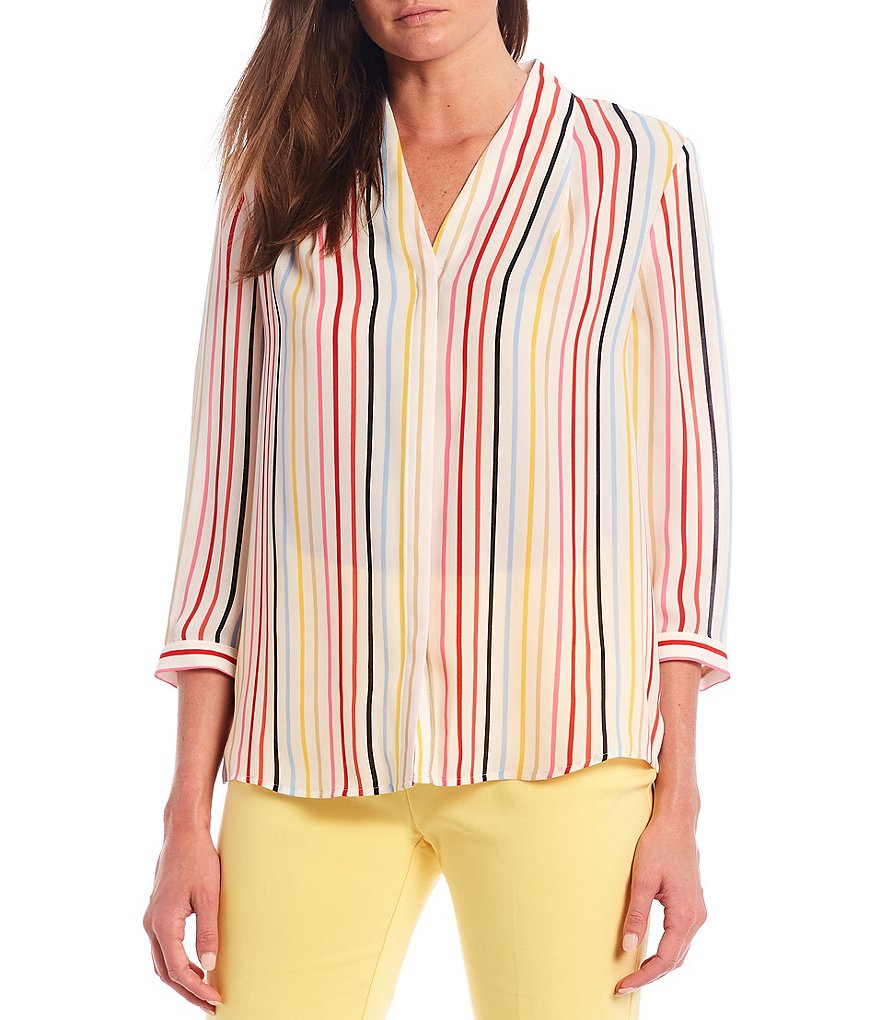 Investments V-Neck 3/4 Sleeve Stripe Button Front Top