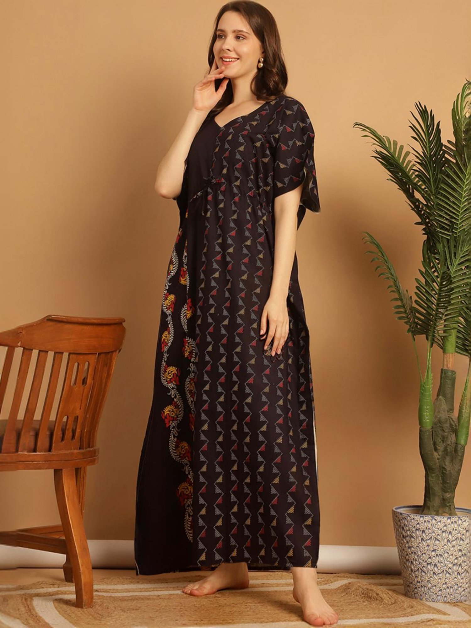 Secret Wish Black Cotton Printed Kaftan