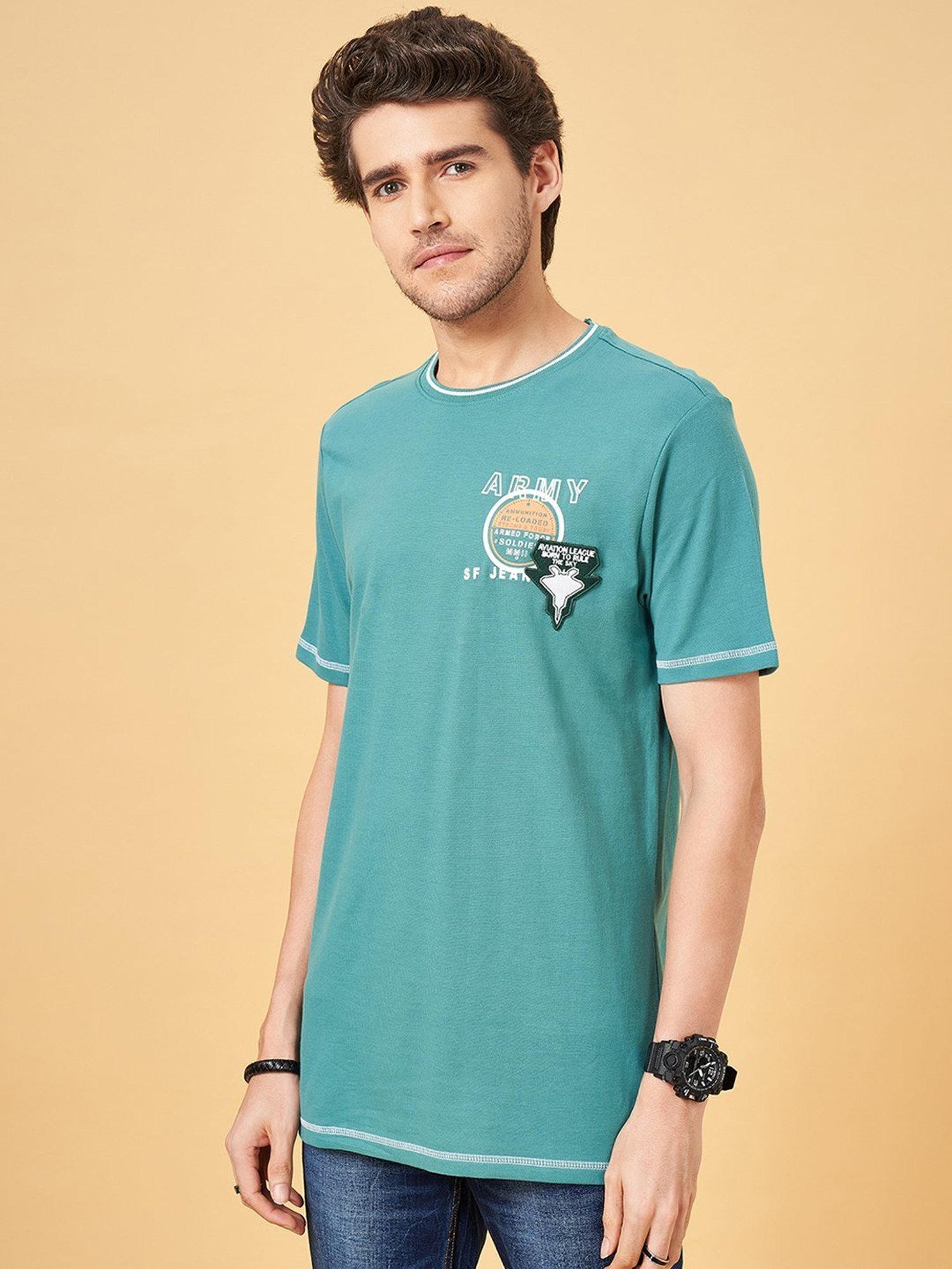 Sf Jeans By Pantaloons Dusty Turquoise Slim Fit Printed T-Shirt