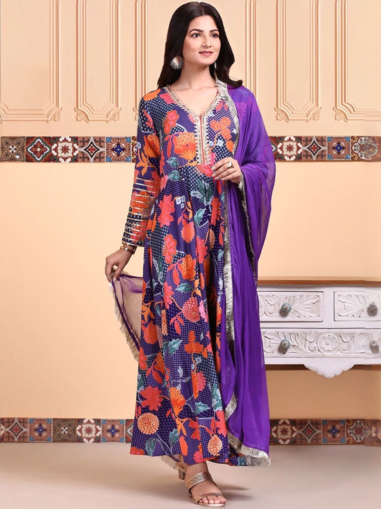 Ishin Navy & Orange Floral Print Dress with Dupatta